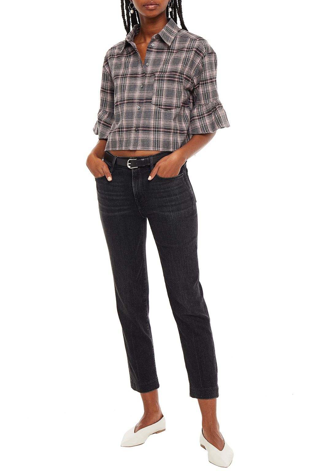 CINQ À SEPT Cropped checked cotton-flannel shirt