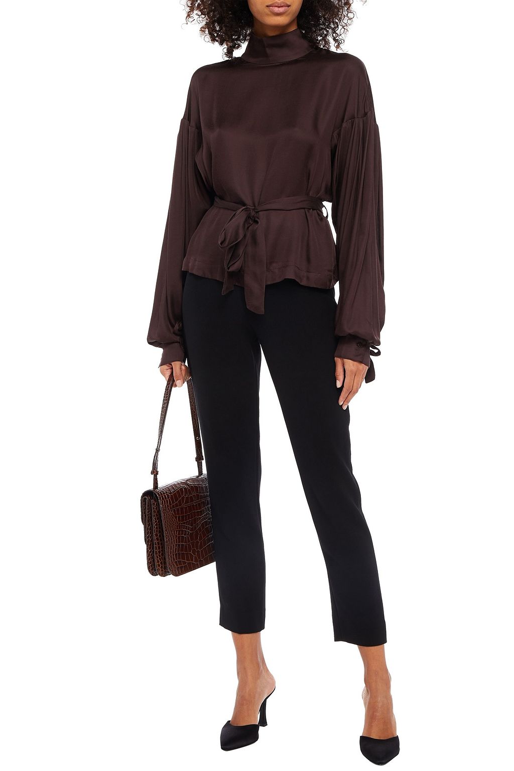 BITE STUDIOS Belted satin-twill turtleneck top