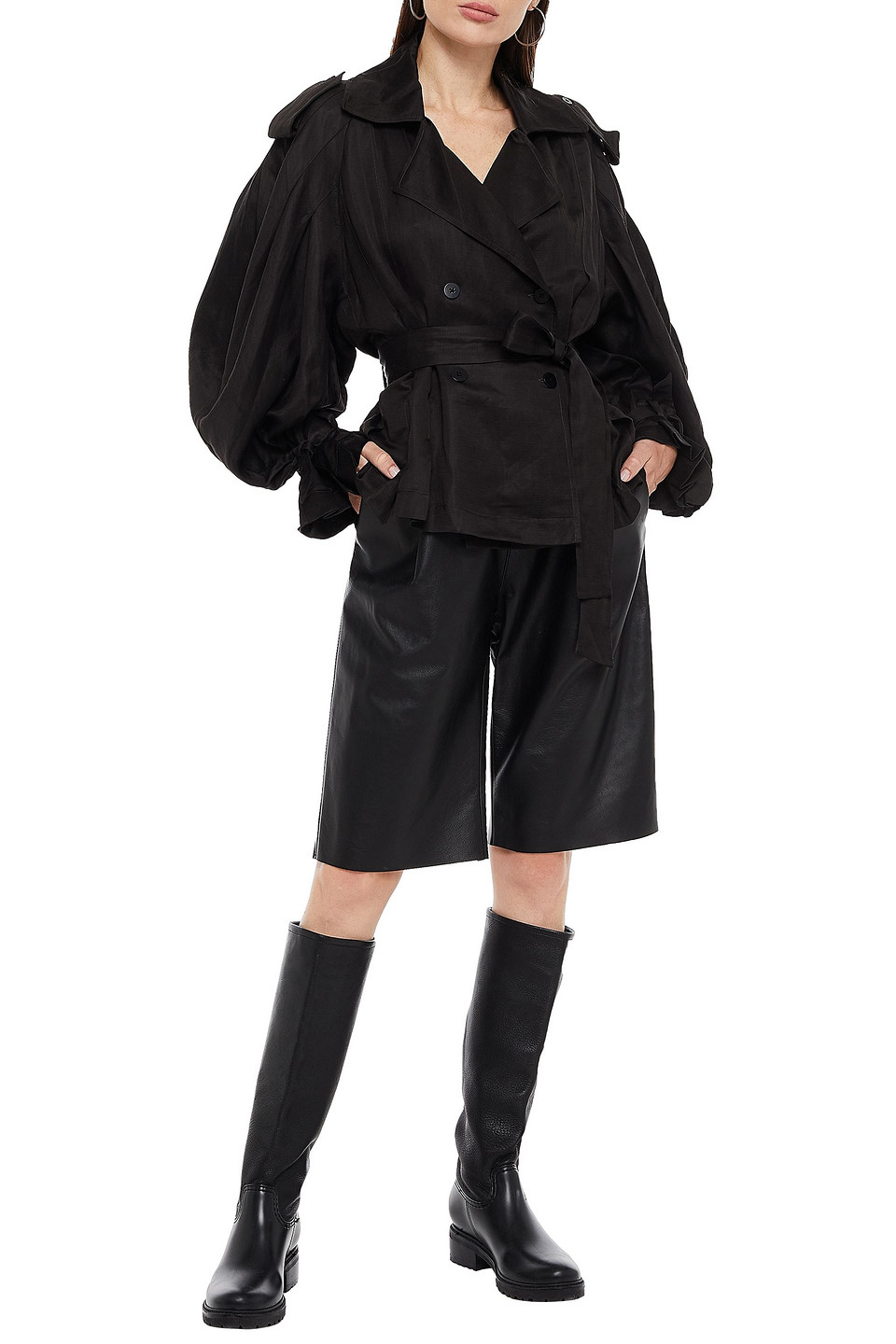 Bite Studios Double-breasted Belted Satin Top In Black