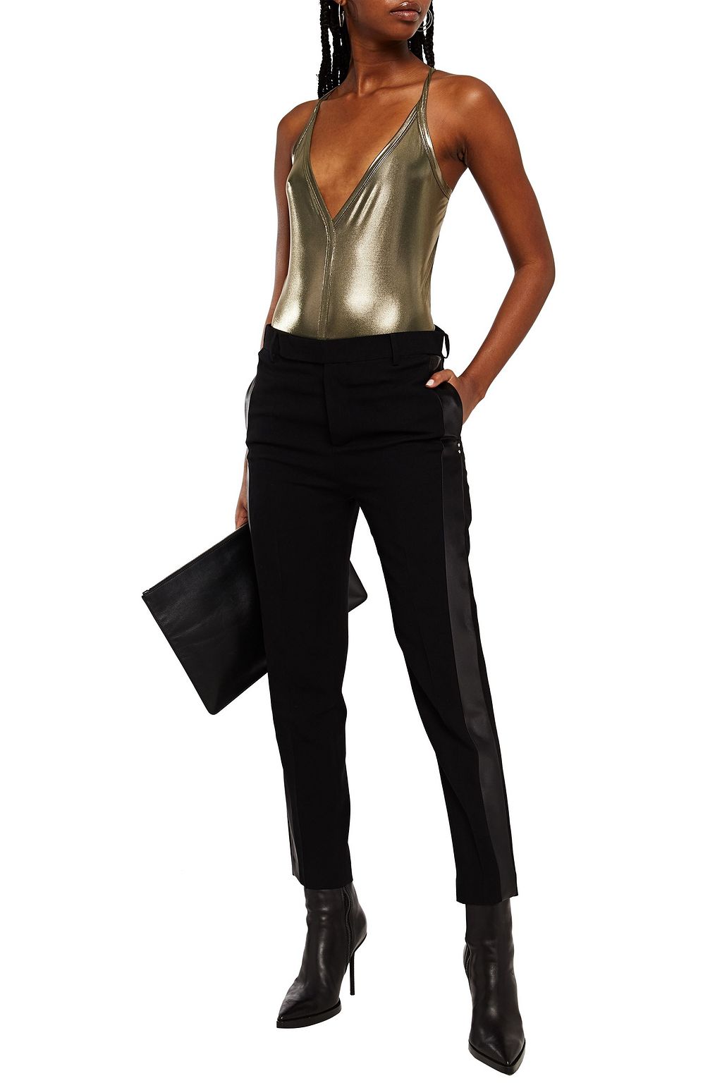RICK OWENS Satin-trimmed wool-blend crepe slim-leg pants