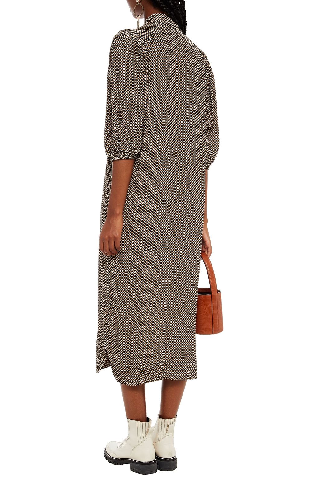 GANNI Gathered printed crepe midi shirt dress