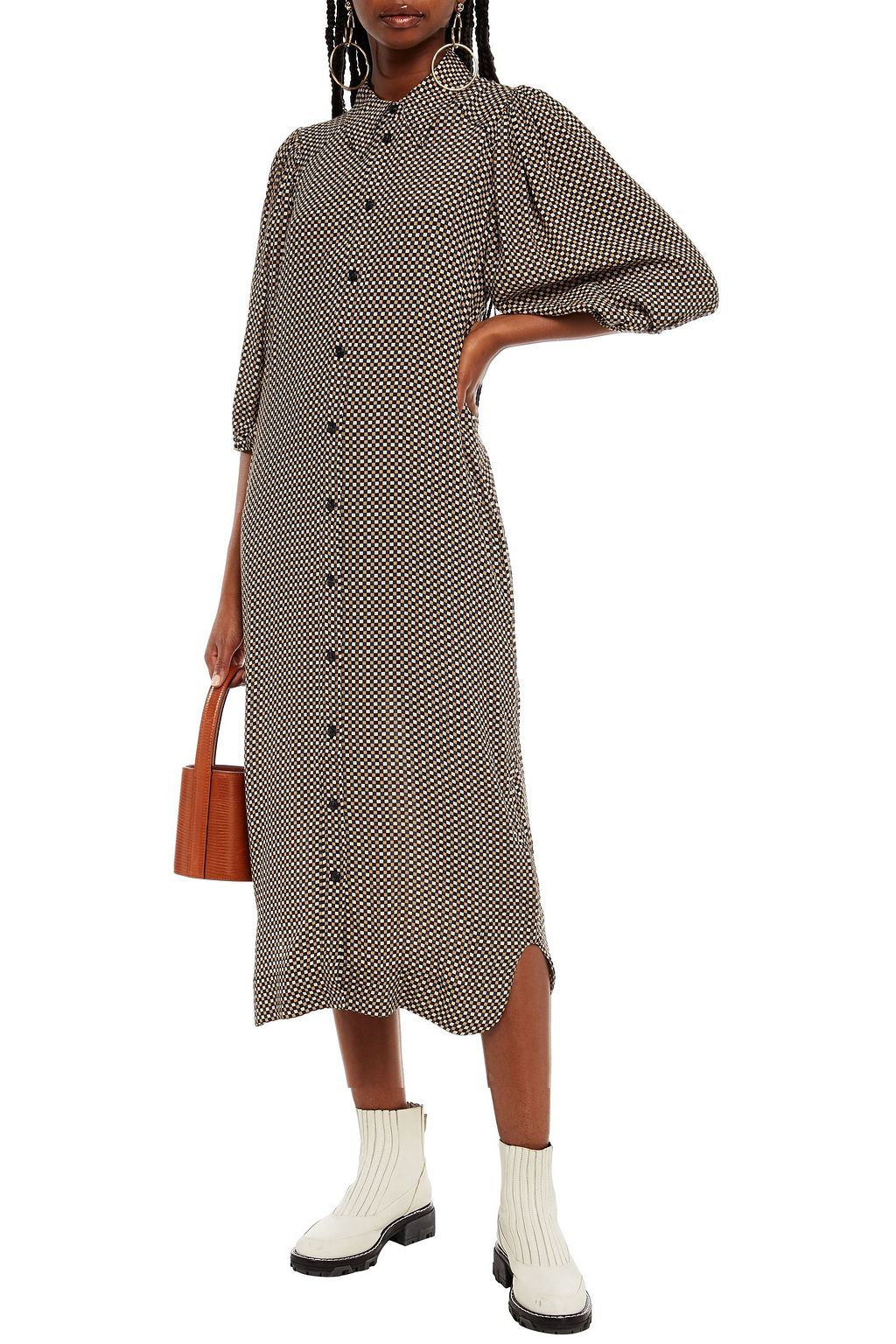 GANNI Gathered printed crepe midi shirt dress