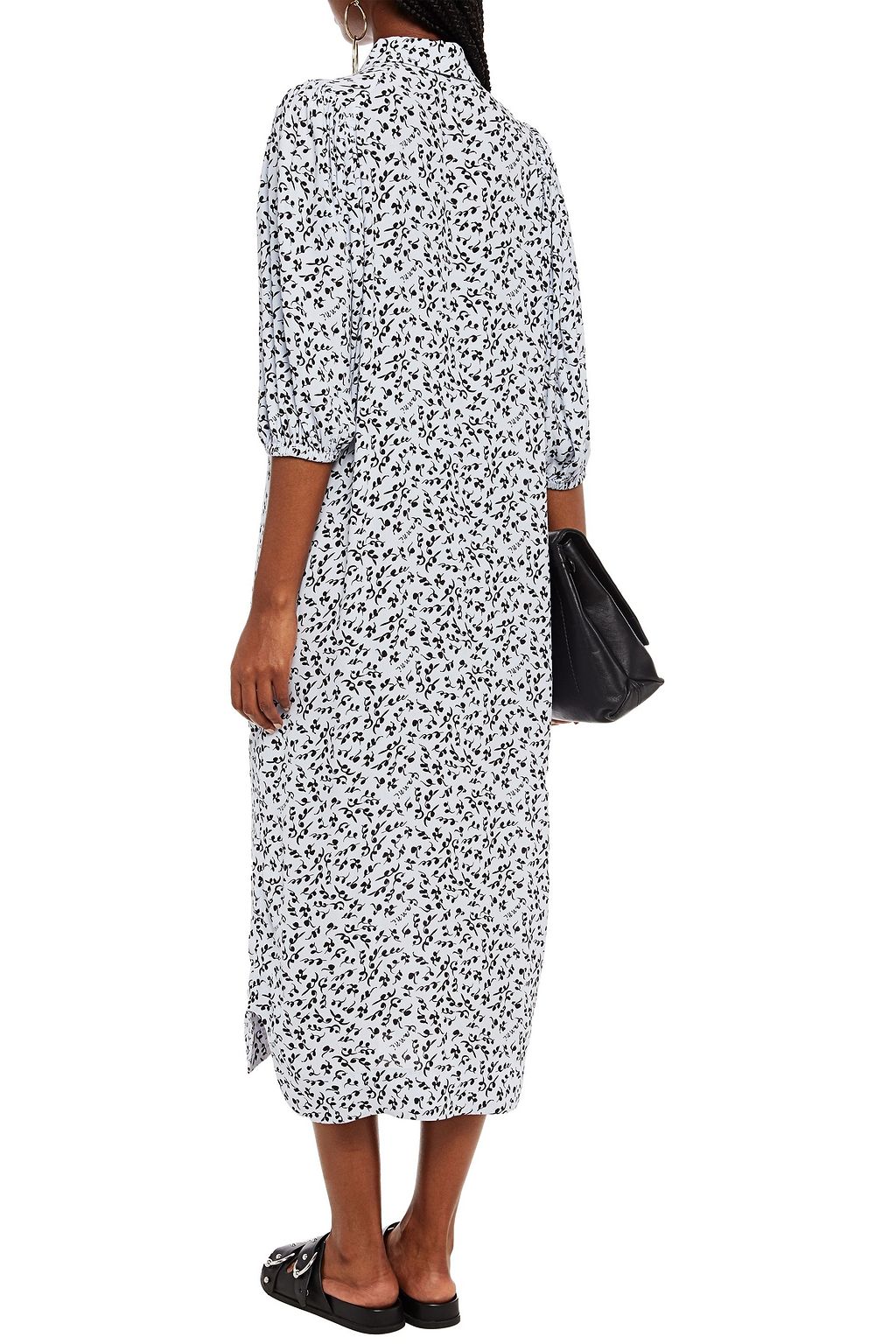 GANNI Gathered printed crepe midi shirt dress