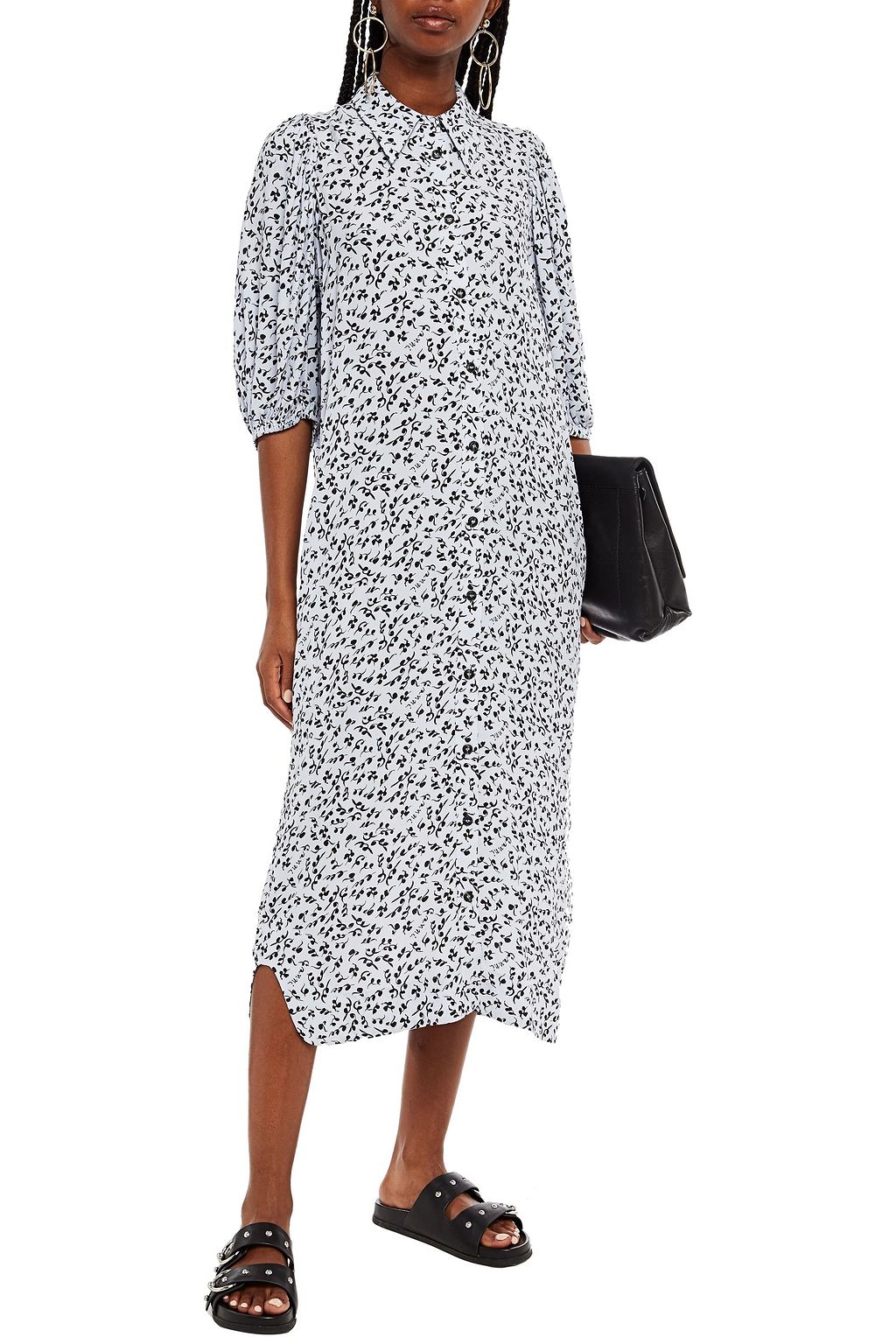 GANNI Gathered printed crepe midi shirt dress