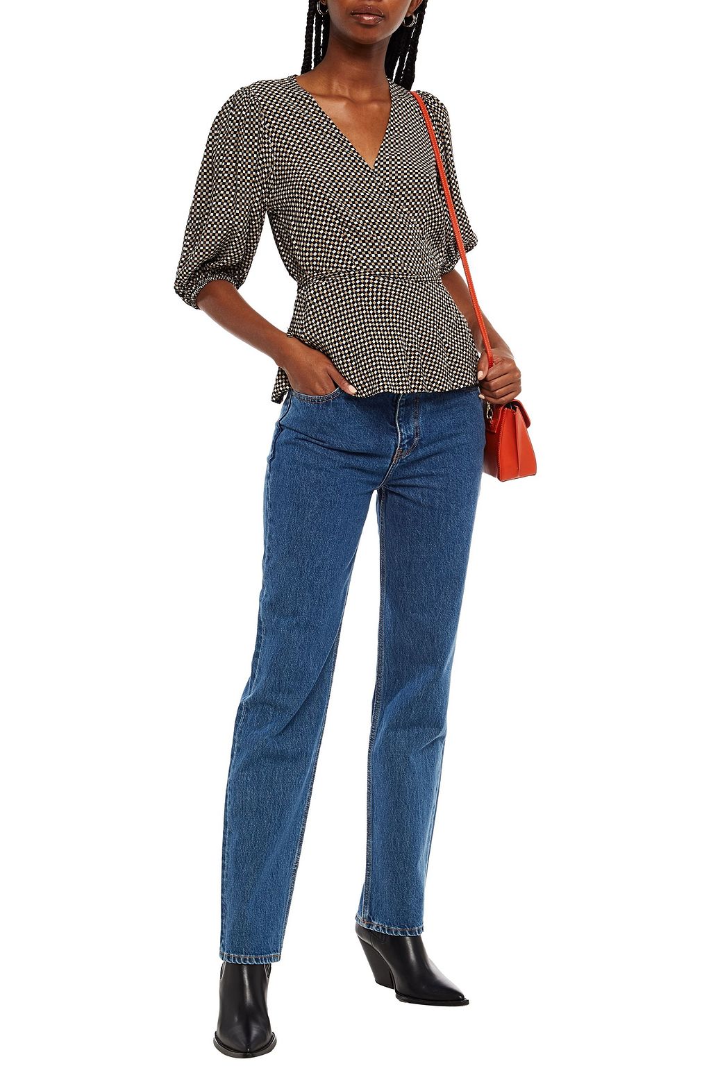 GANNI Checked crepe wrap top