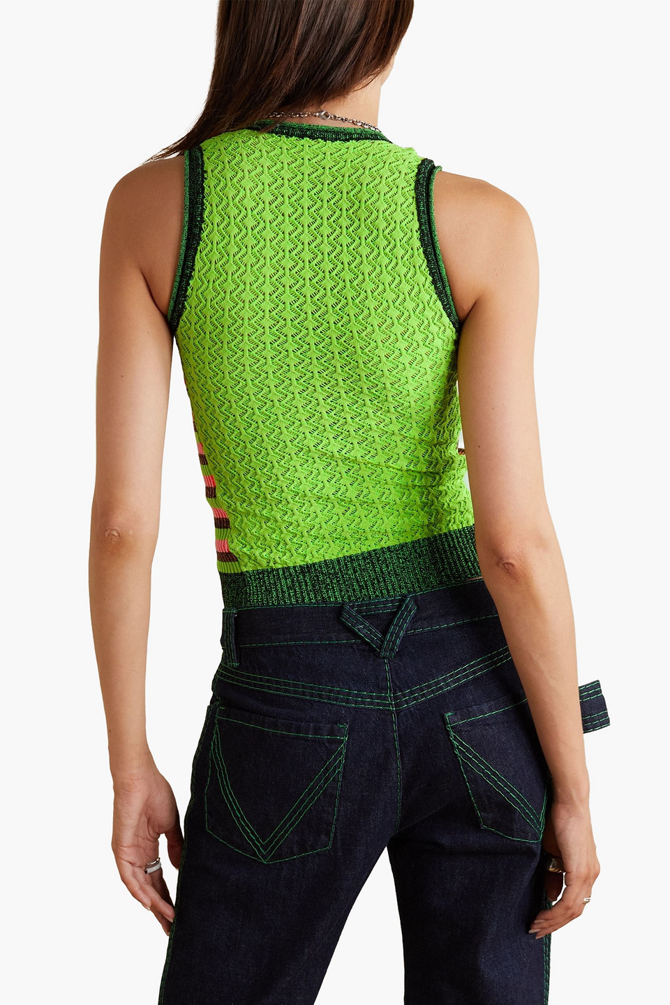 Shop Agr Striped Ribbed And Crochet-knit Tank In Bright Green