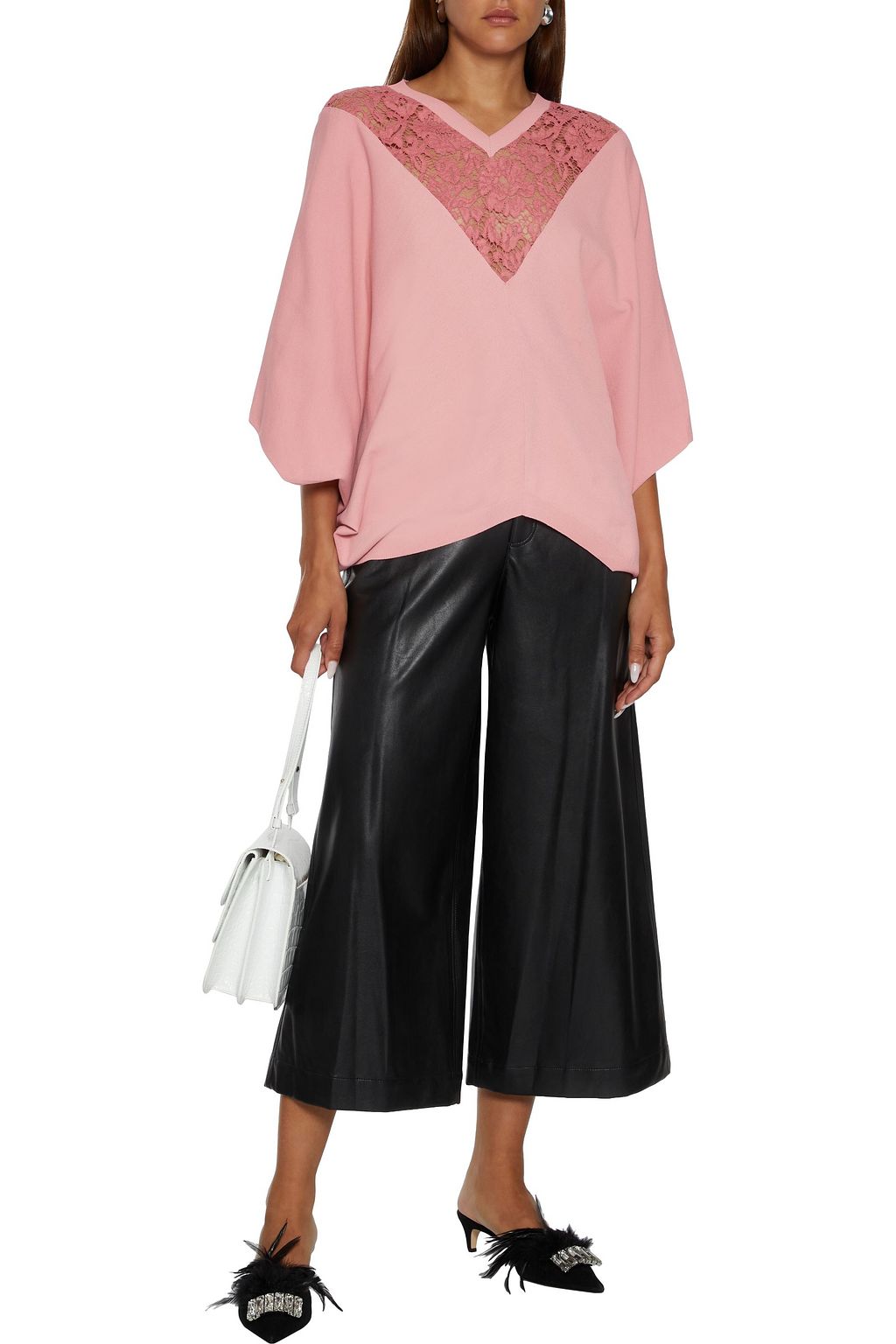 VALENTINO GARAVANI Asymmetric corded lace-paneled stretch-knit top