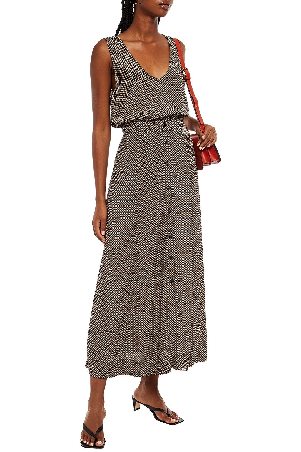 GANNI Checked crepe midi skirt