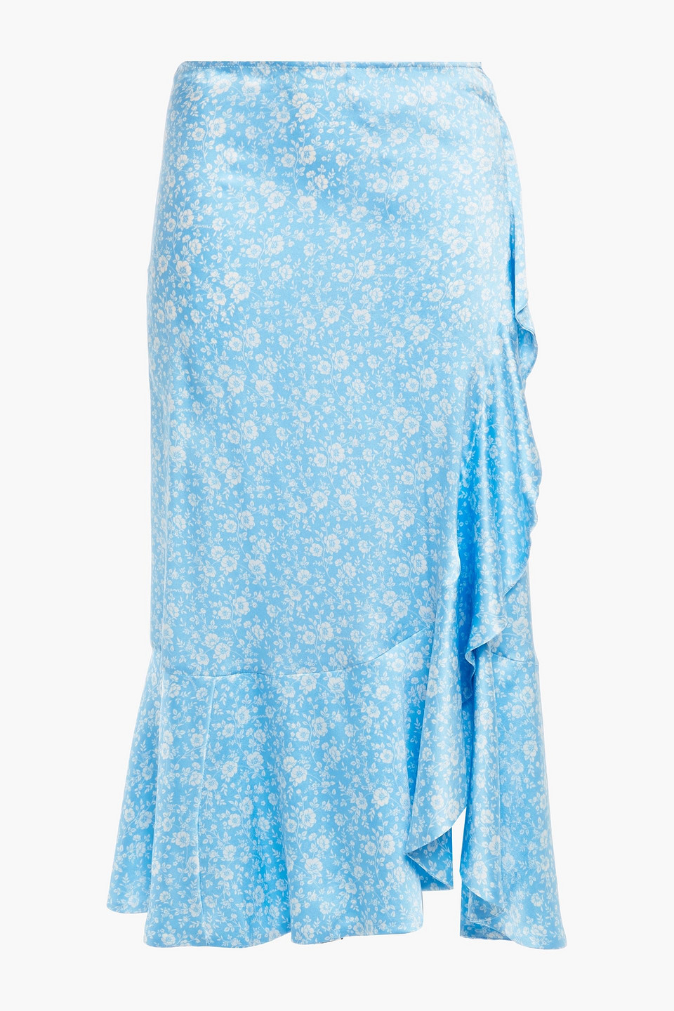 GANNI - Wrap-effect ruffled floral-print silk-blend satin skirt - Blue - DE 40
