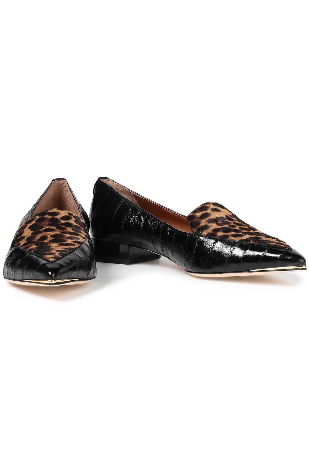 TORY BURCH Lila Loafers aus Leder mit Kalbshaareinsatz und Leopardenprint