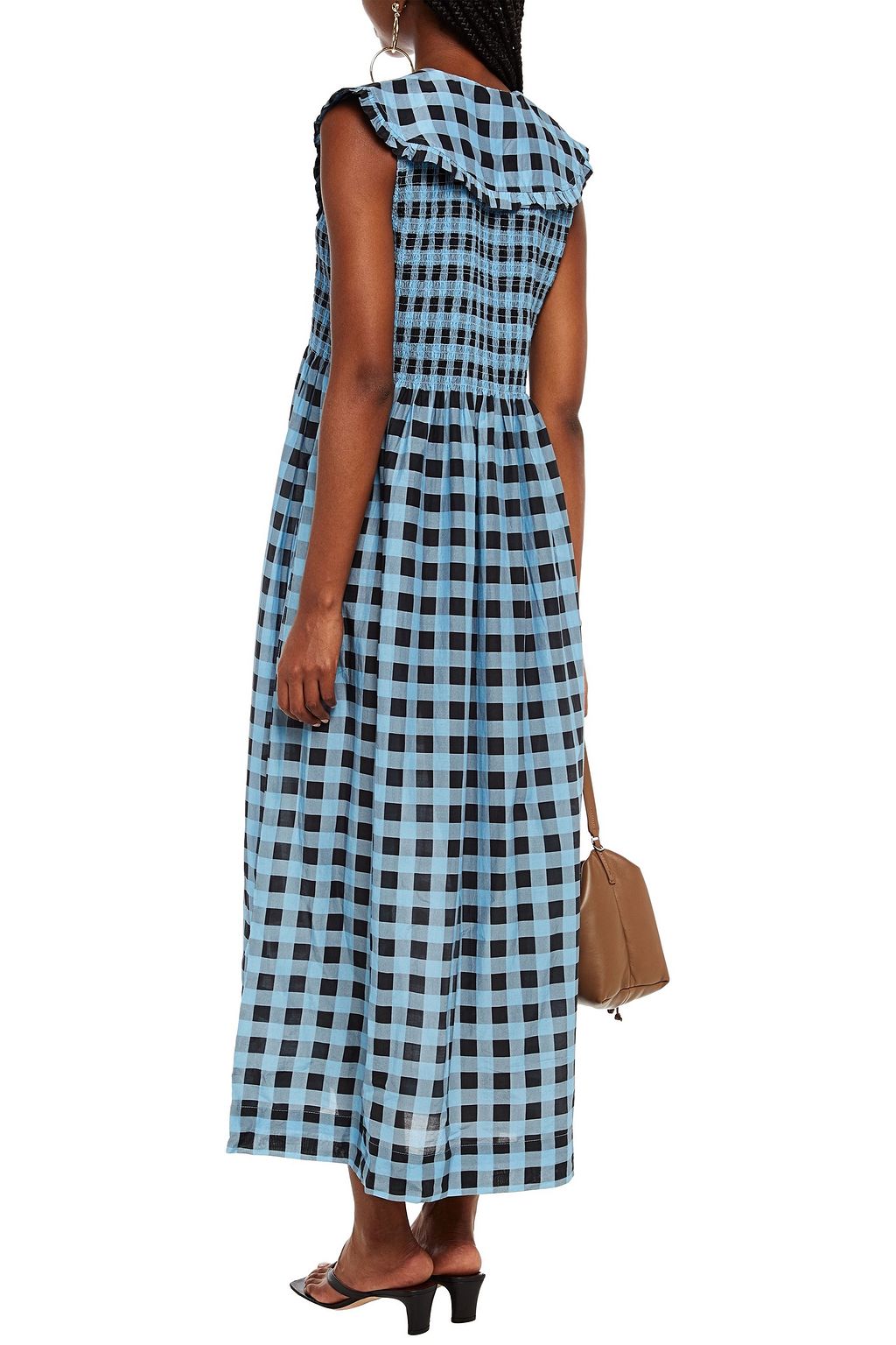 GANNI Shirred gingham cotton and silk-blend maxi dress