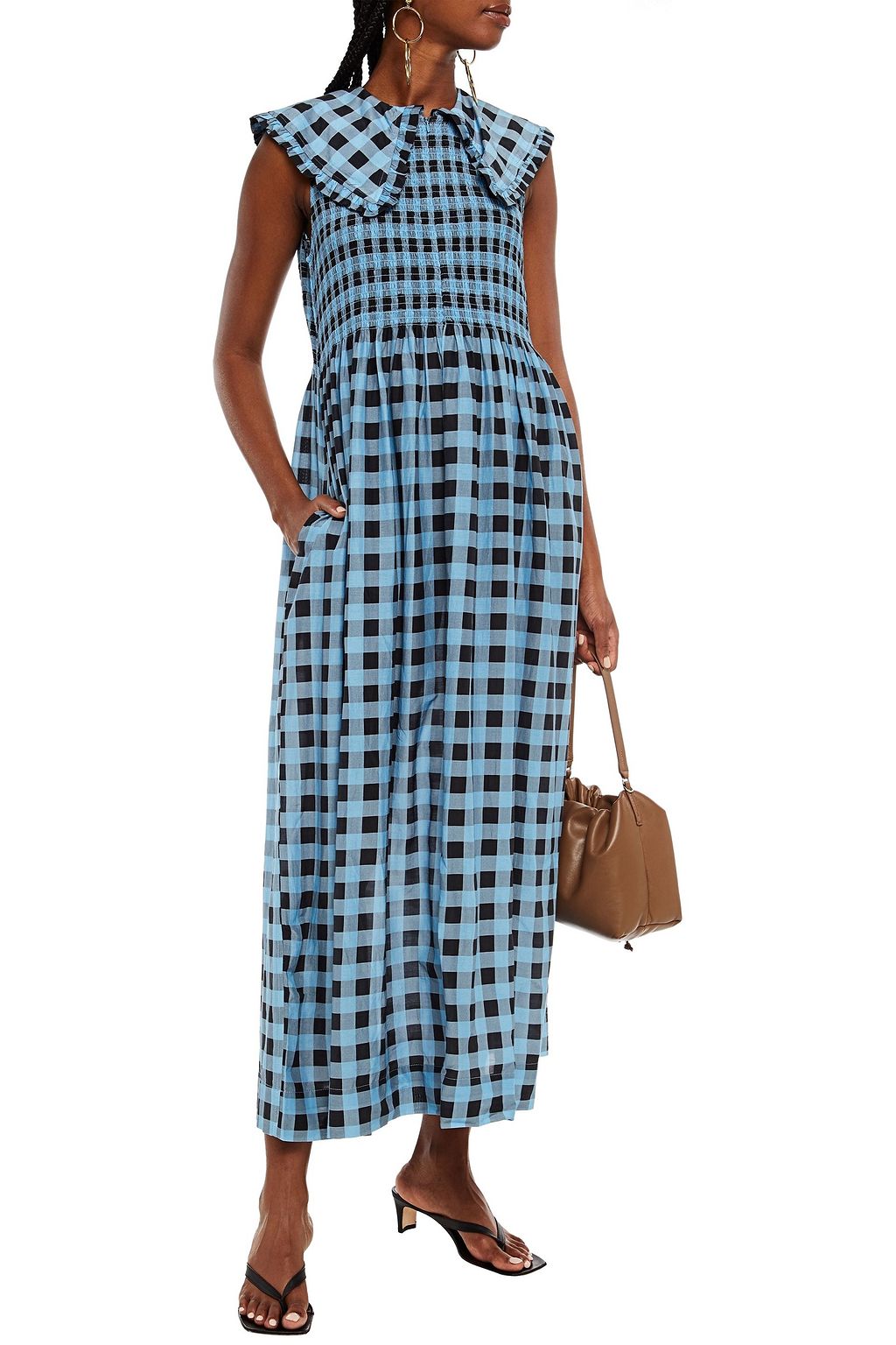 GANNI Shirred gingham cotton and silk-blend maxi dress
