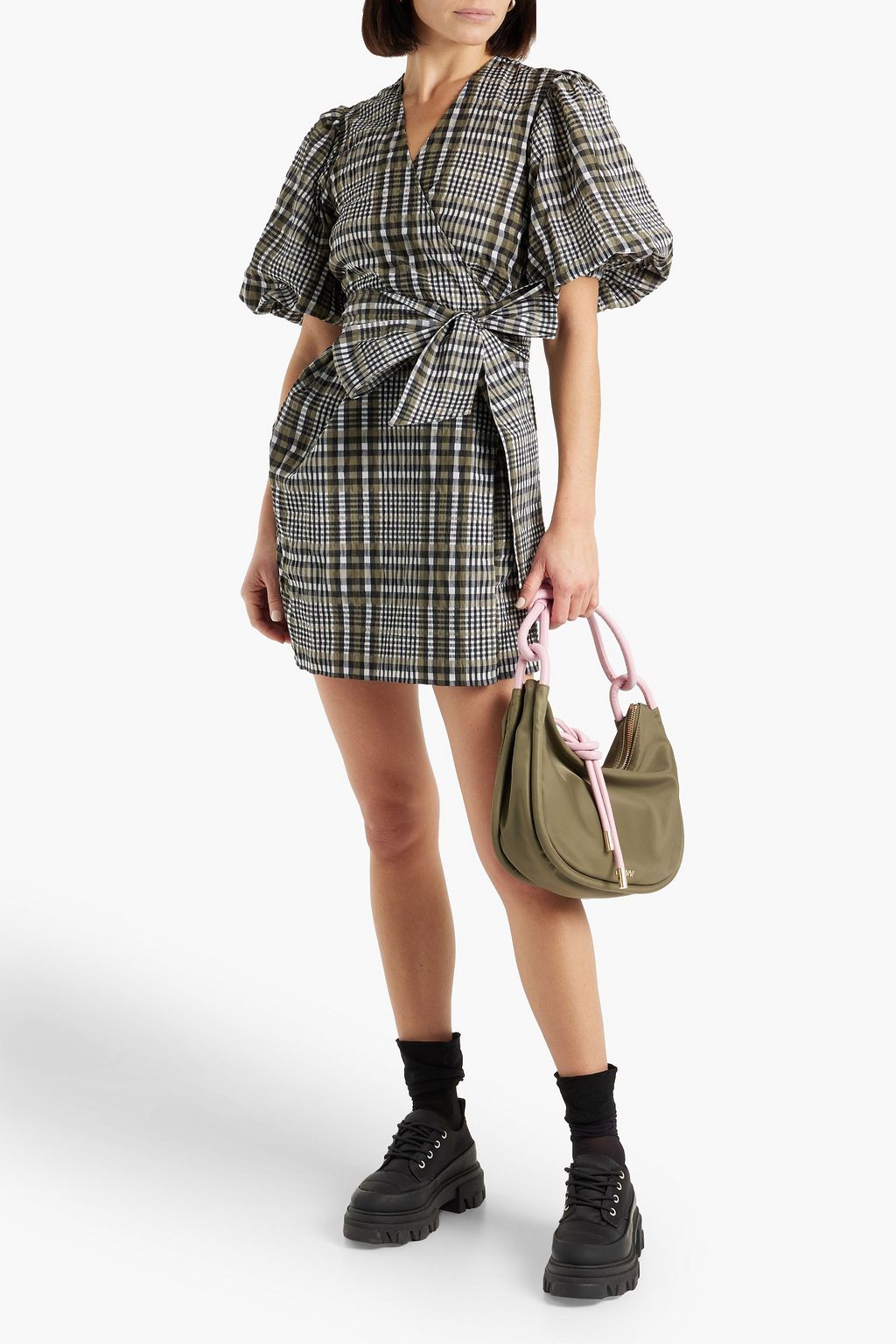GANNI Gathered checked cotton-blend seersucker mini wrap dress