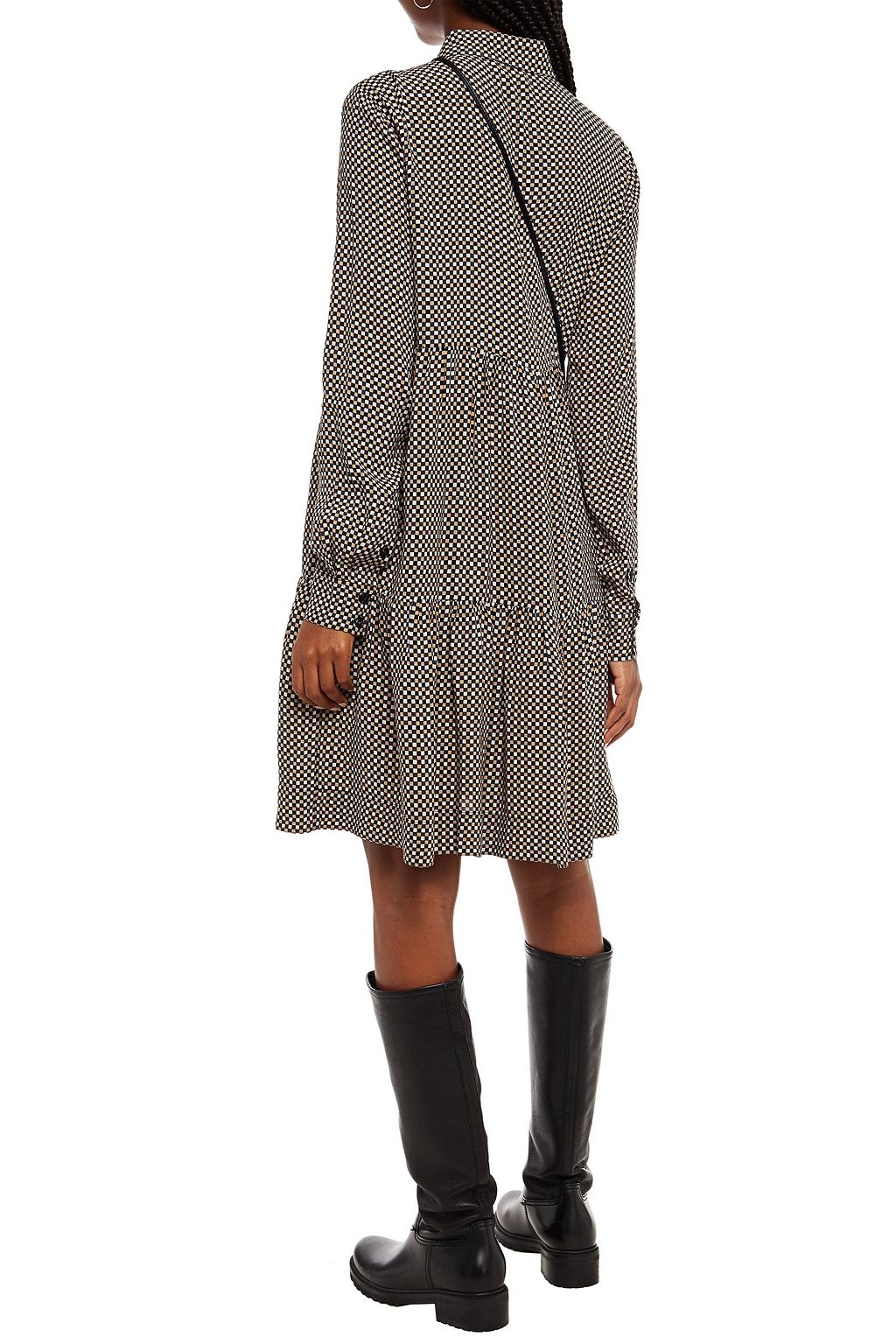 GANNI Tiered gingham crepe mini dress