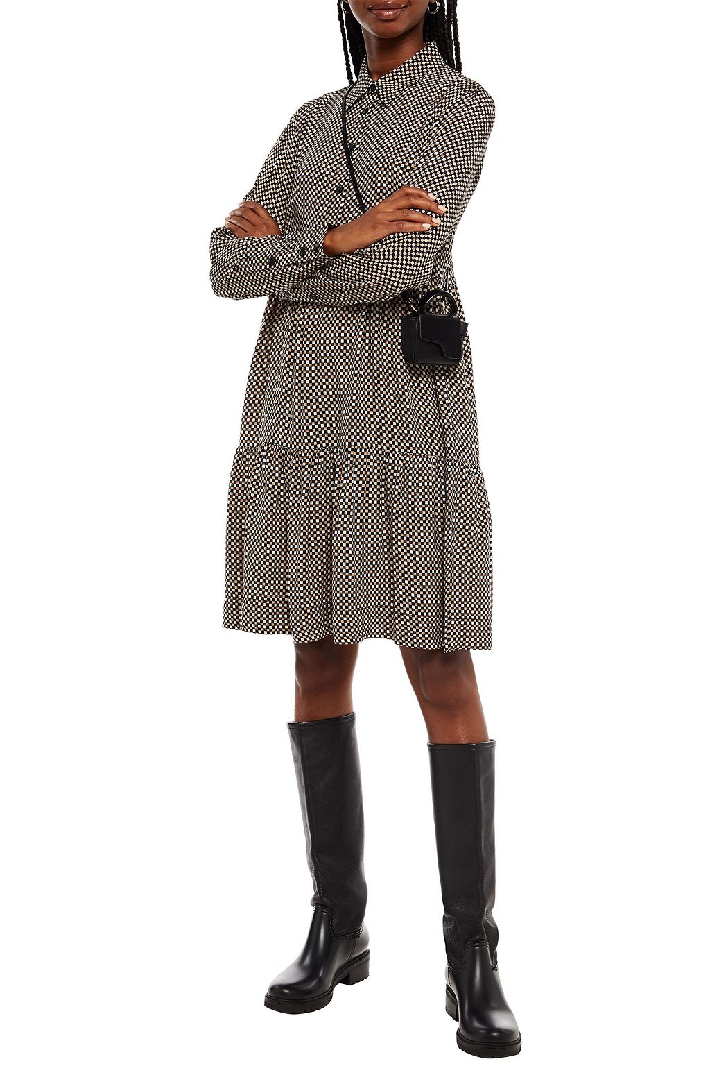 GANNI Tiered gingham crepe mini dress