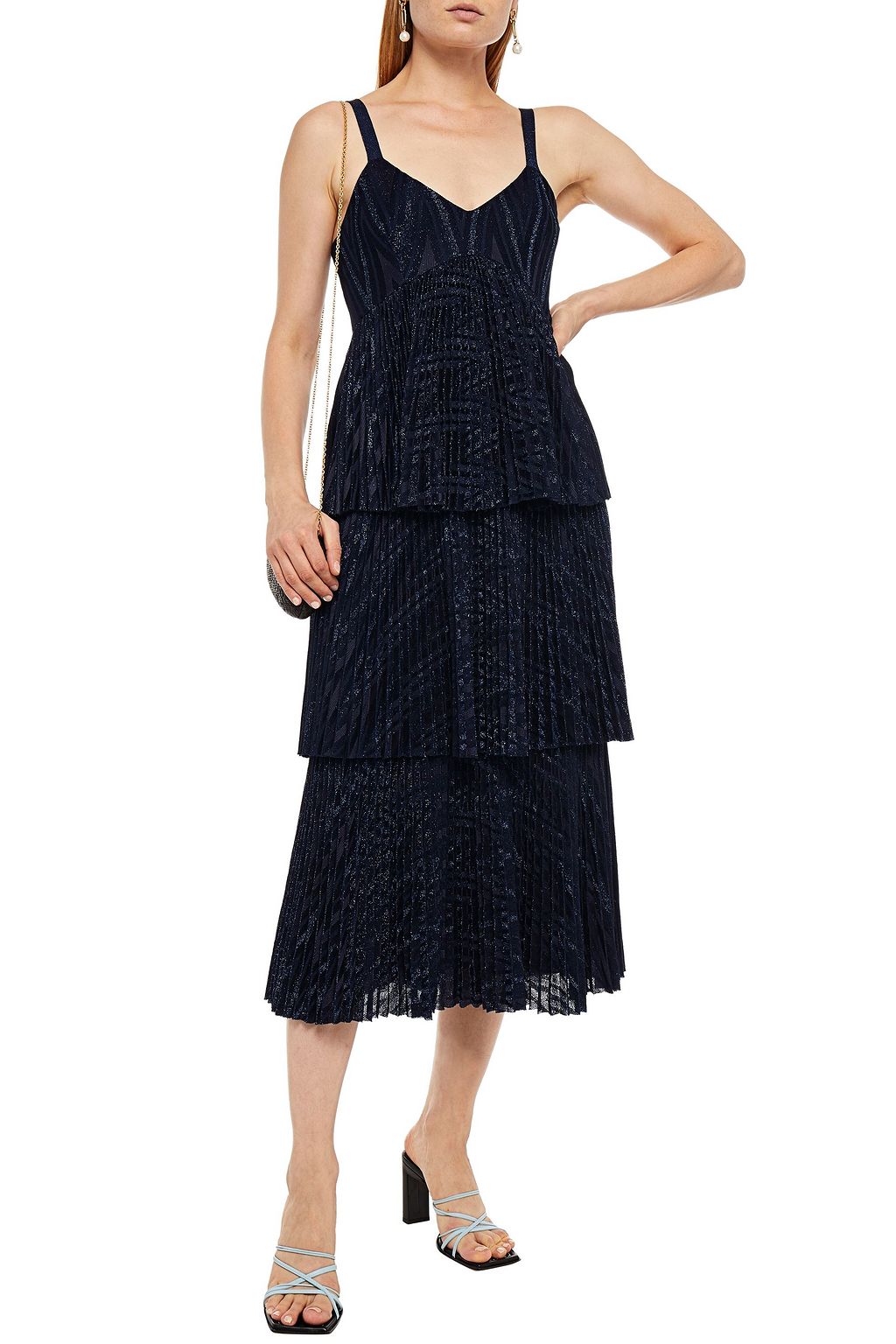 M MISSONI Tiered pleated metallic jacquard-knit midi dress