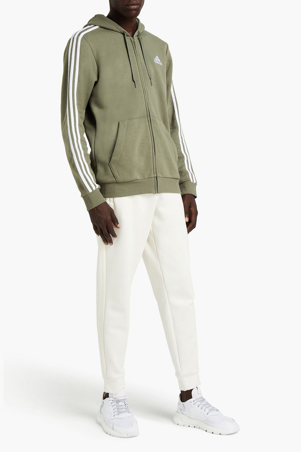 ADIDAS Striped cotton-blend fleece zip-up hoodie