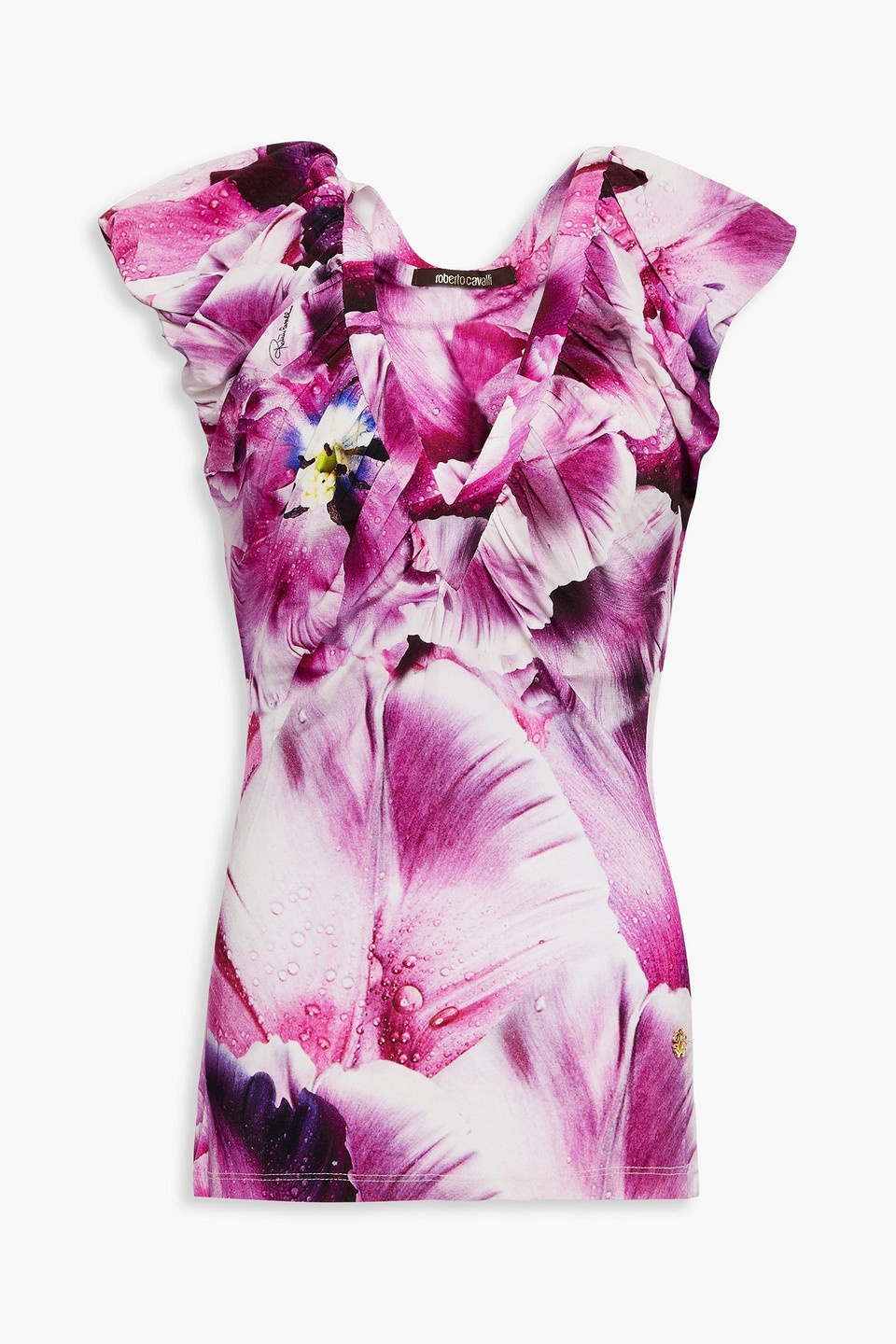 roberto cavalli - ruched printed stretch-jersey top - purple - it 42