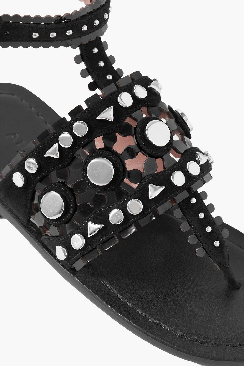 ALAÏA Editions studded laser-cut patent-leather and suede sandals