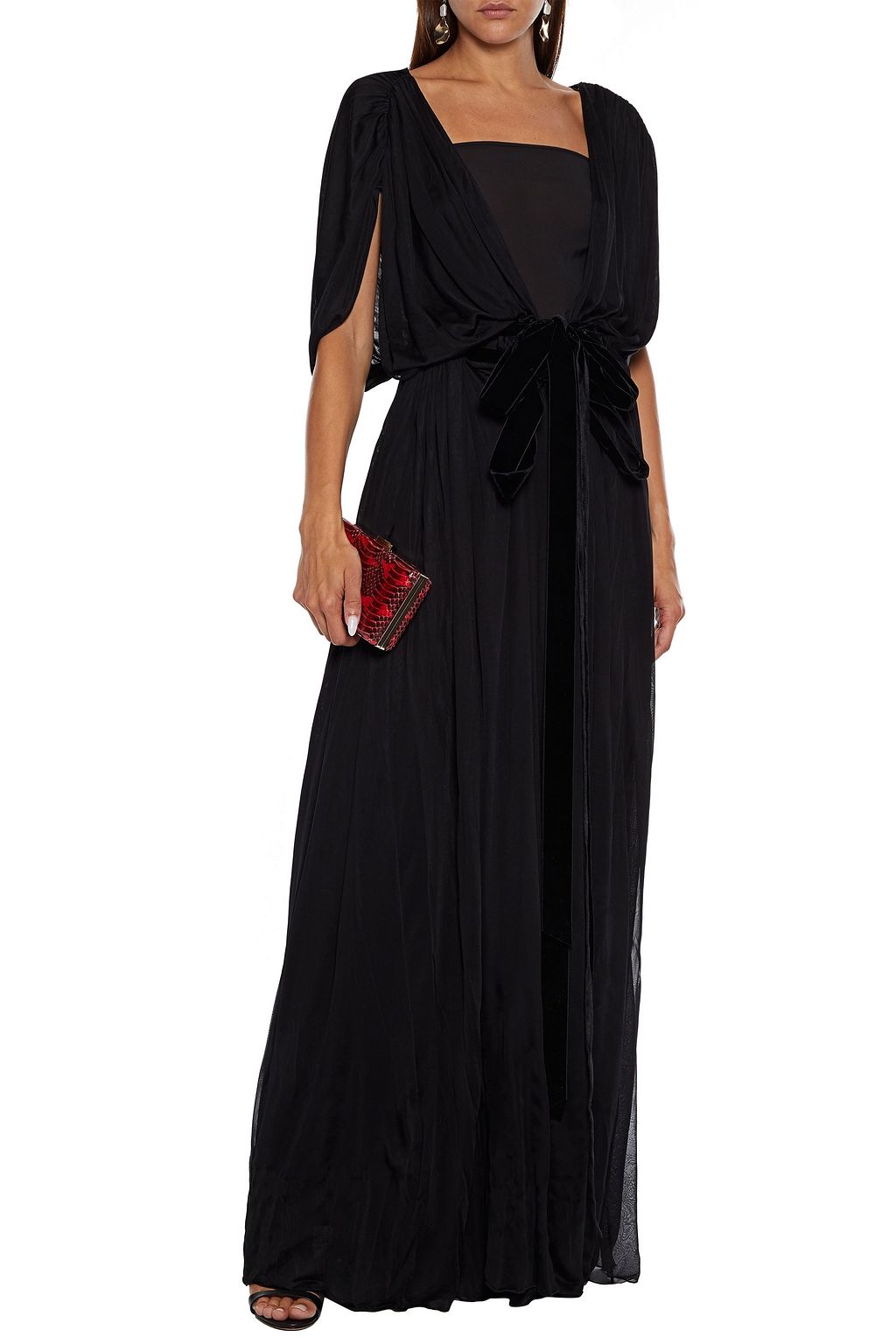 VALENTINO GARAVANI Tie-front velvet-trimmed draped jersey gown
