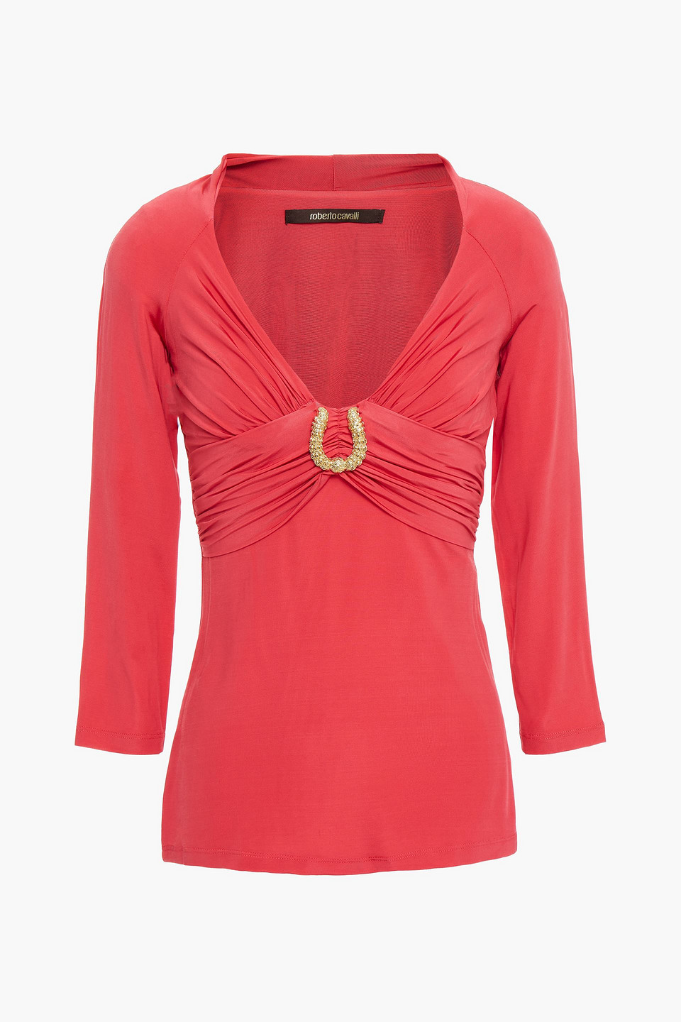 roberto cavalli - appliquéd gathered stretch-jersey top - orange - it 40