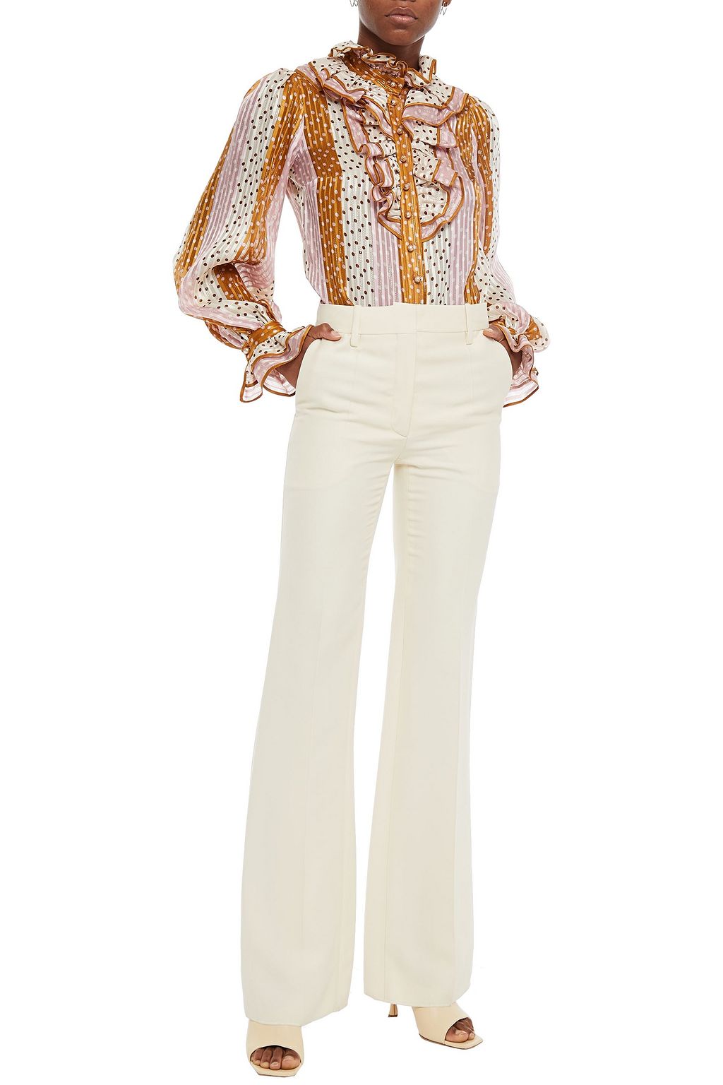 ZIMMERMANN Ruffled metallic polka-dot silk-blend jacquard top