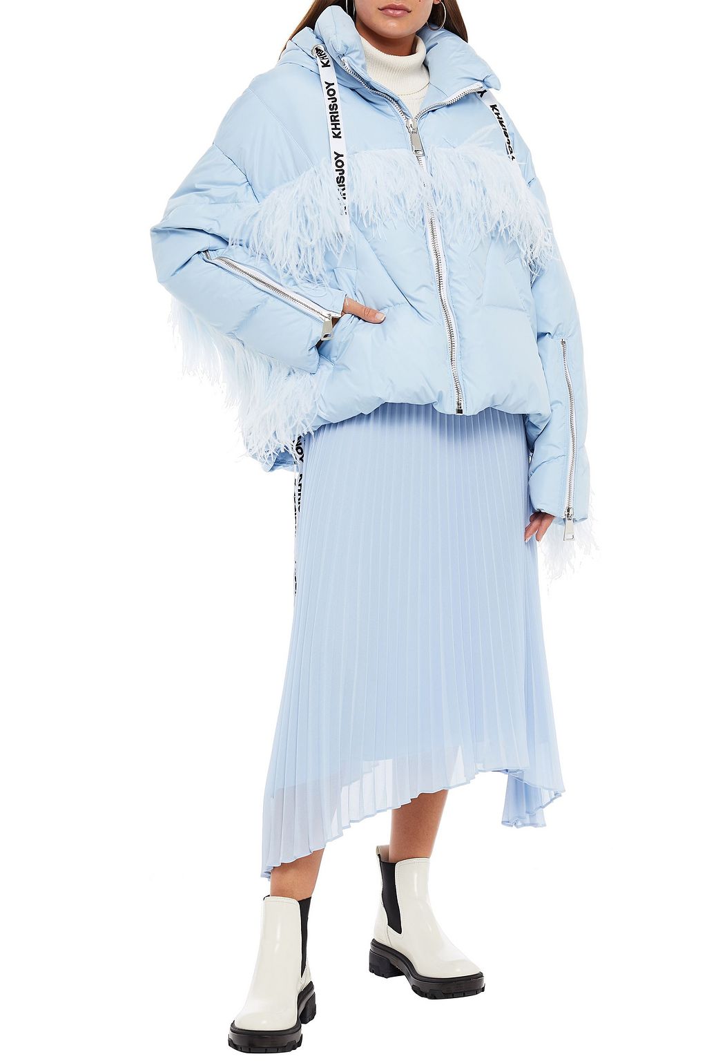 KHRISJOY Oversized-Daunenjacke aus gestepptem Shell mit Kapuze und Federn
