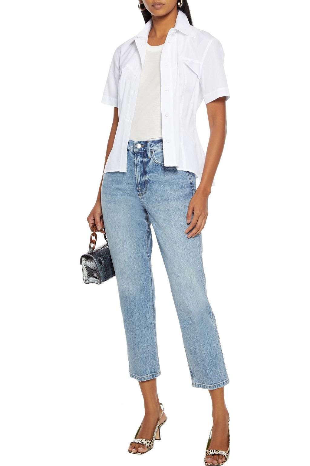 FRAME Le Piper studded distressed high-rise straight-leg jeans