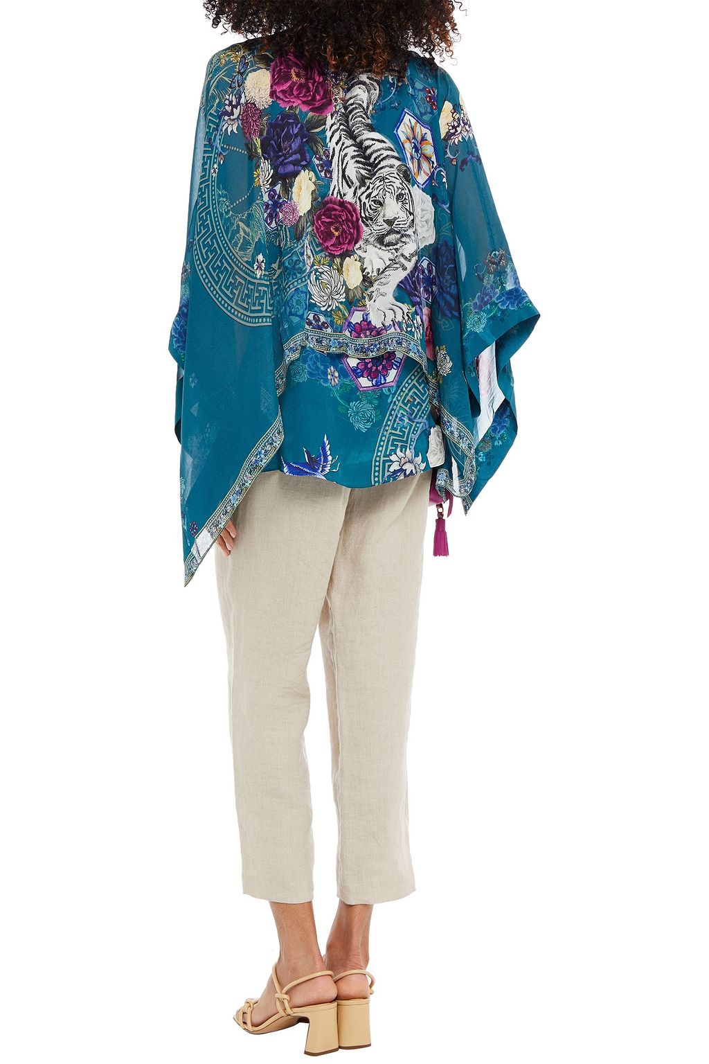 CAMILLA Cape-effect crystal-embellished printed silk-chiffon and crepe de chine blouse