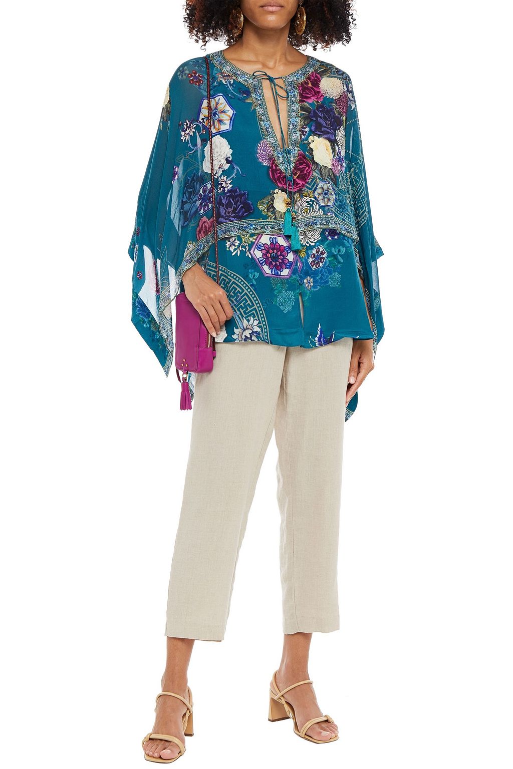CAMILLA Cape-effect crystal-embellished printed silk-chiffon and crepe de chine blouse