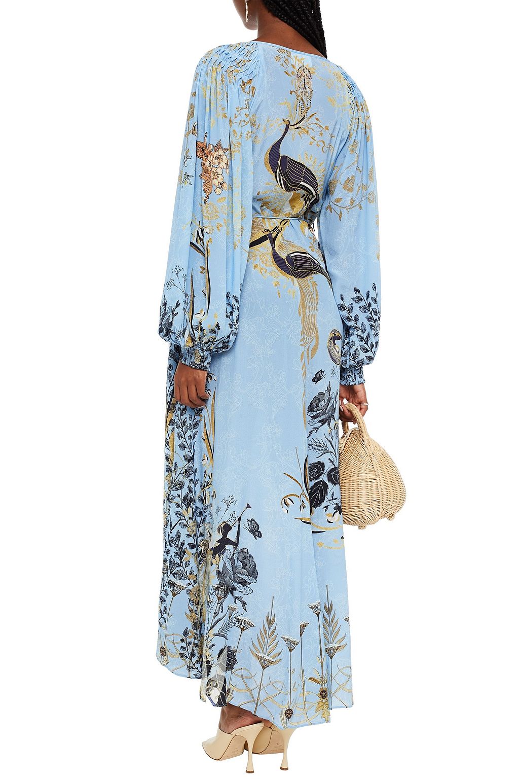CAMILLA Crystal-embellished smocked printed silk crepe de chine maxi dress