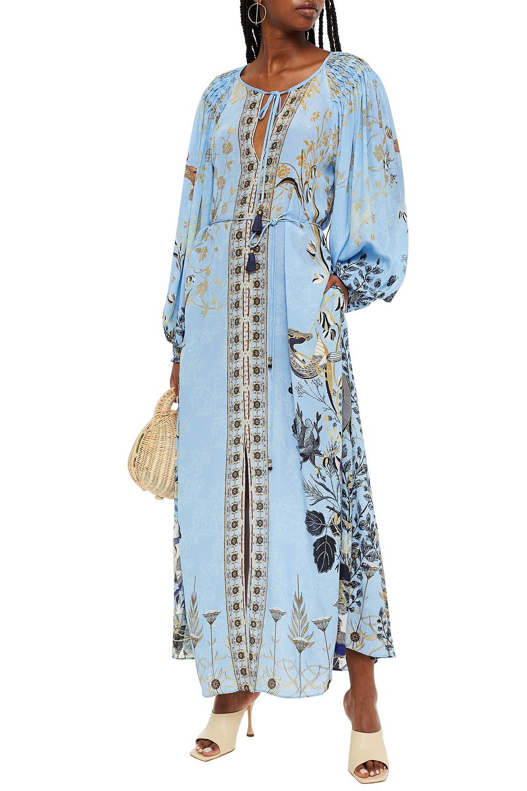 CAMILLA Crystal-embellished smocked printed silk crepe de chine maxi dress