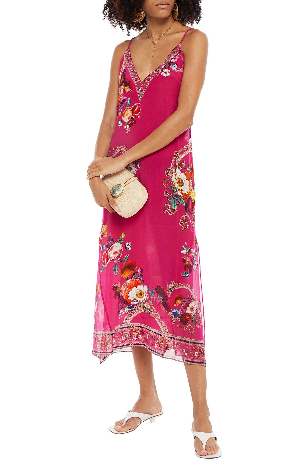 CAMILLA Crystal-embellished floral-print silk crepe de chine and chiffon midi slip dress