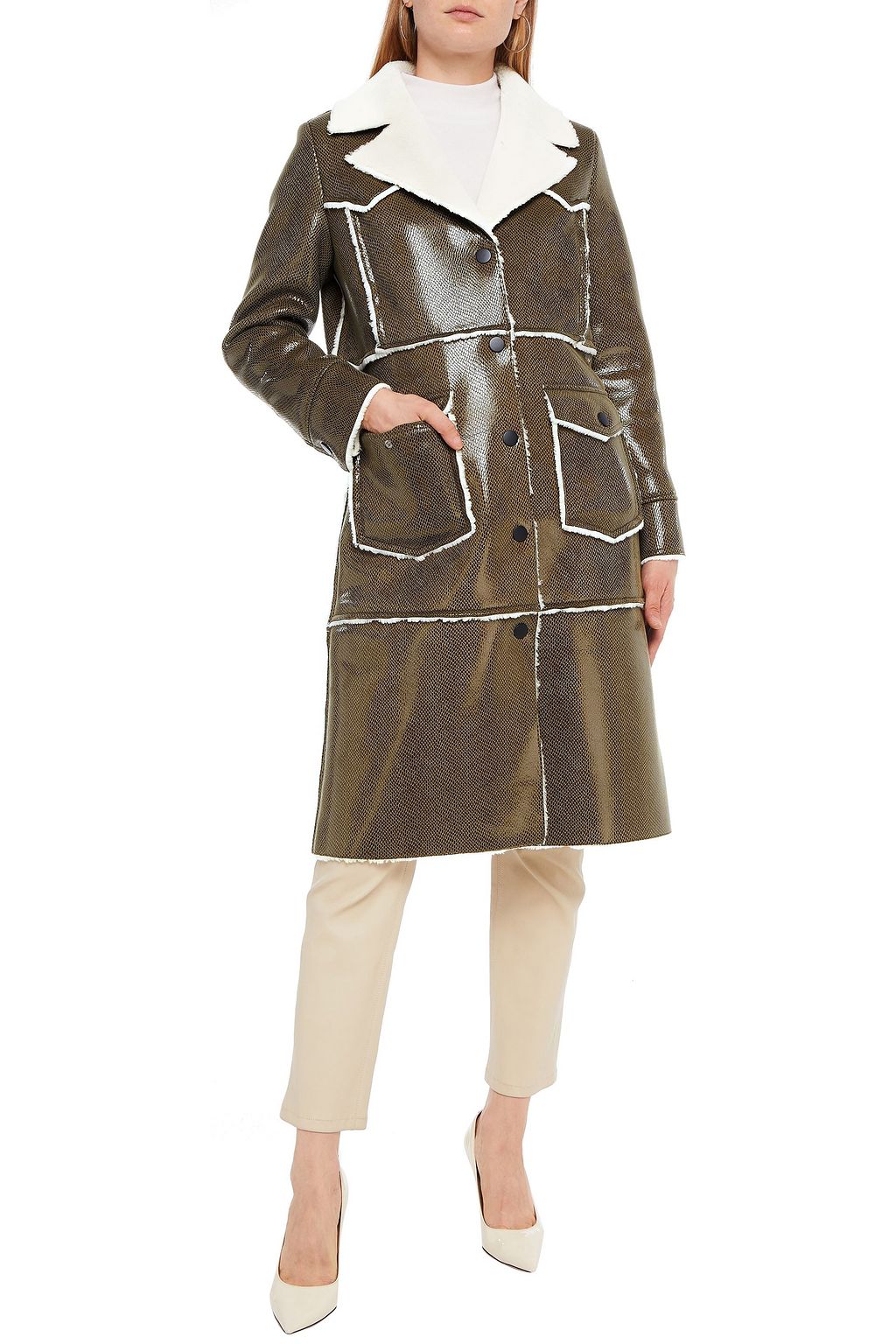 STAND STUDIO Adele faux shearling-trimmed snake-effect faux patent-leather coat