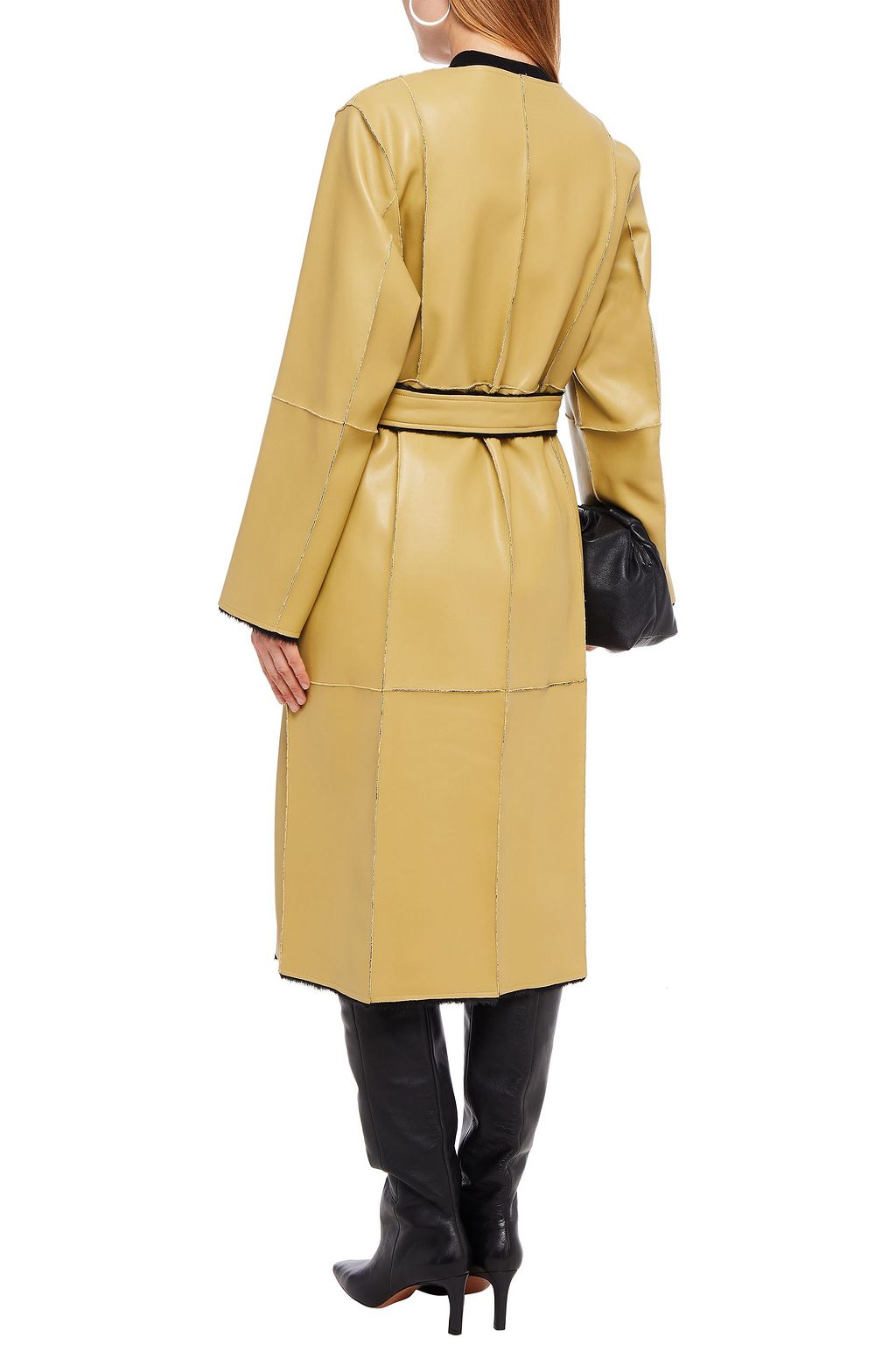 STAND STUDIO Patchwork-effect belted faux shearling coat