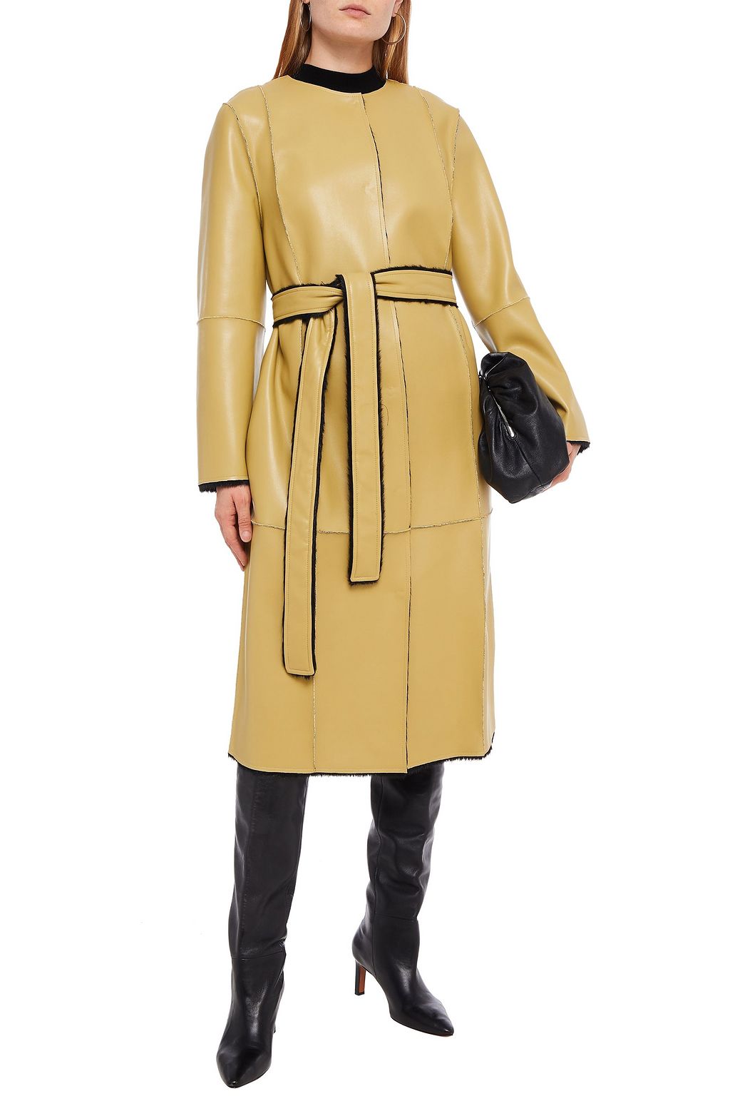 STAND STUDIO Patchwork-effect belted faux shearling coat