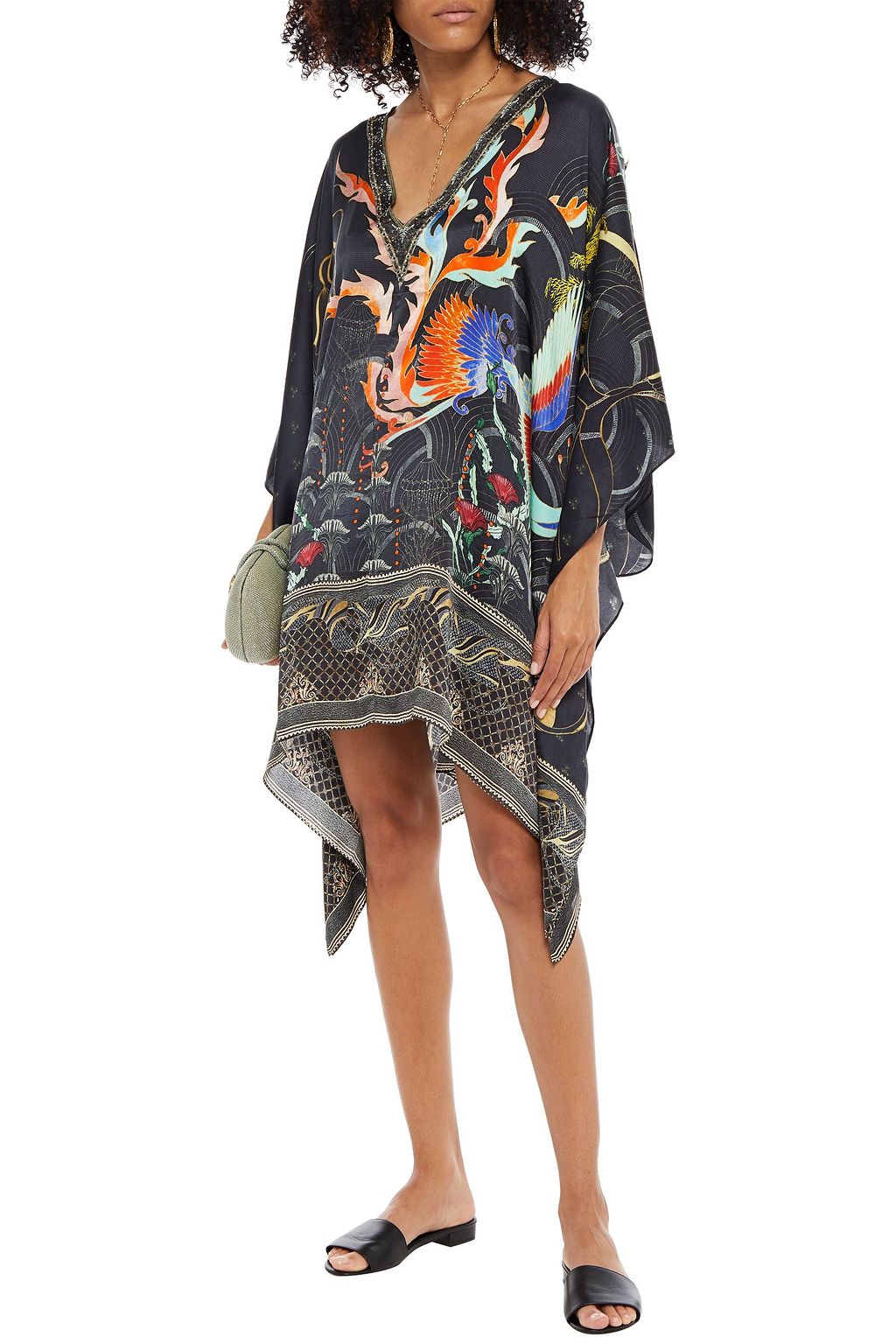 CAMILLA Crystal-embellished printed silk-satin kaftan