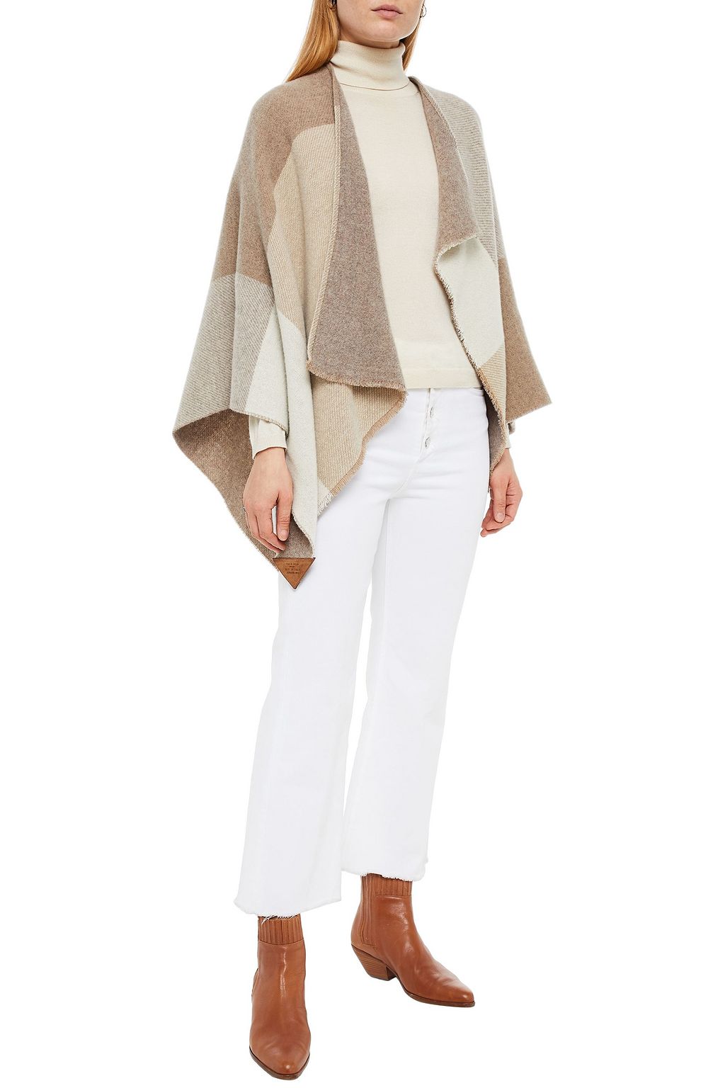 Reversible color-block wool-blend poncho
