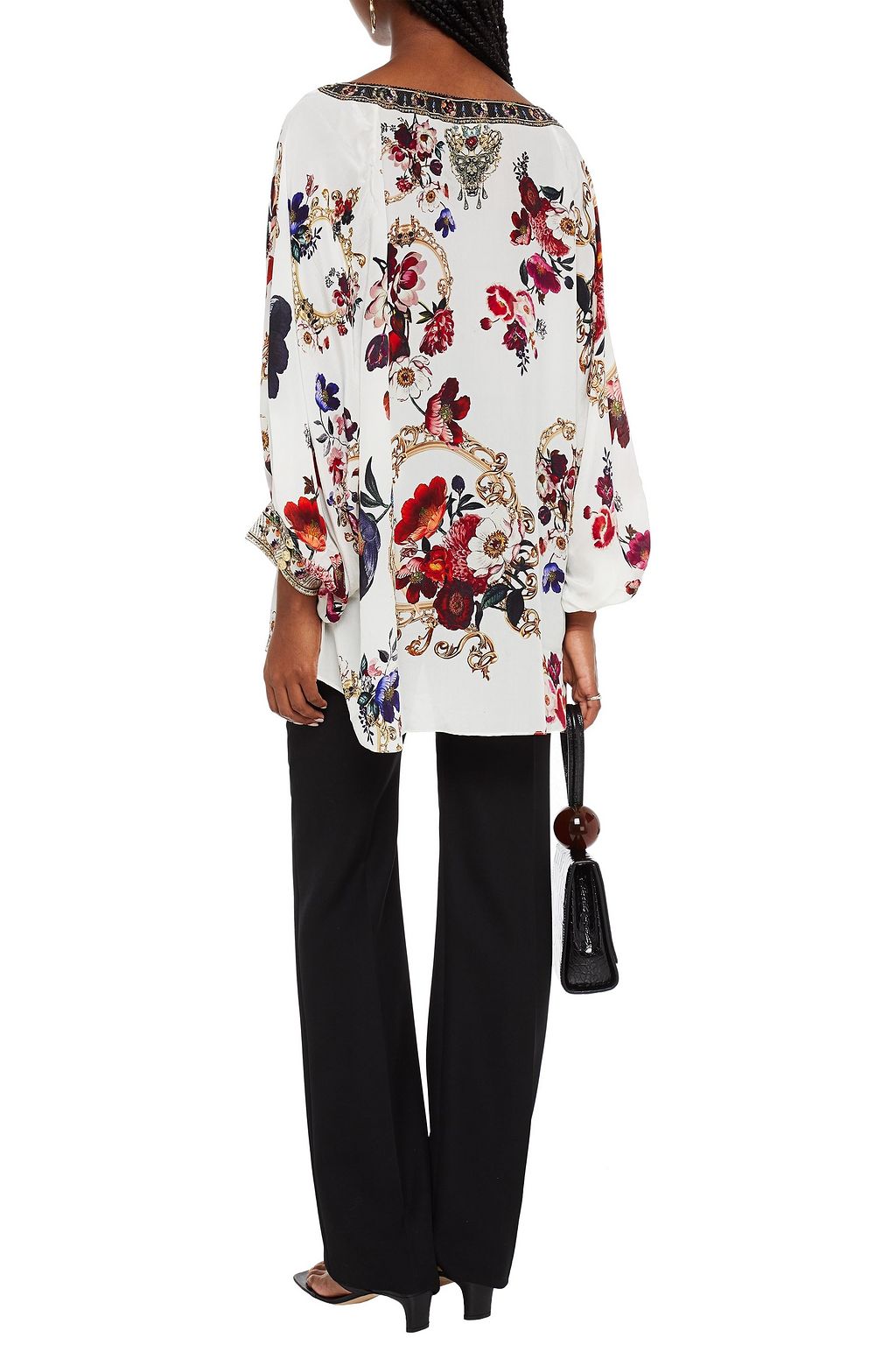CAMILLA Crystal-embellished floral-print silk crepe de chine blouse