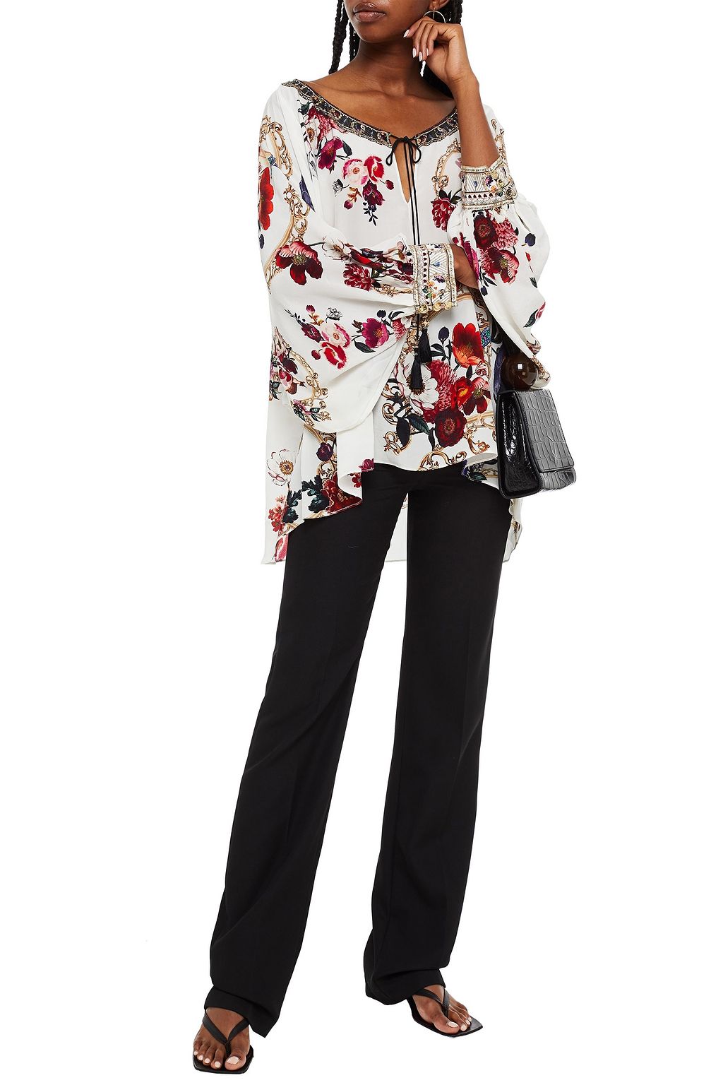CAMILLA Crystal-embellished floral-print silk crepe de chine blouse