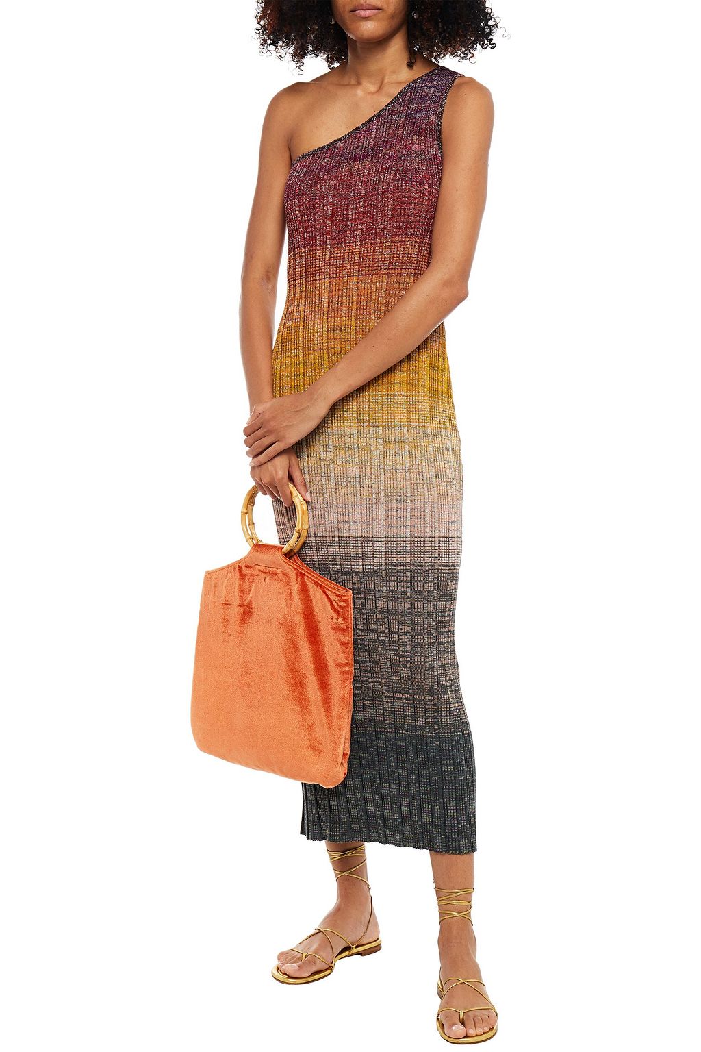 MISSONI Midi-Strickkleid in Häkeloptik aus einer Wollmischung mit asymmetrischer Schulterpartie und Metallic-Effekt