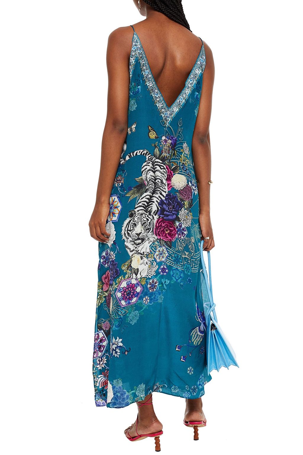 CAMILLA Crystal-embellished printed silk crepe de chine midi slip dress