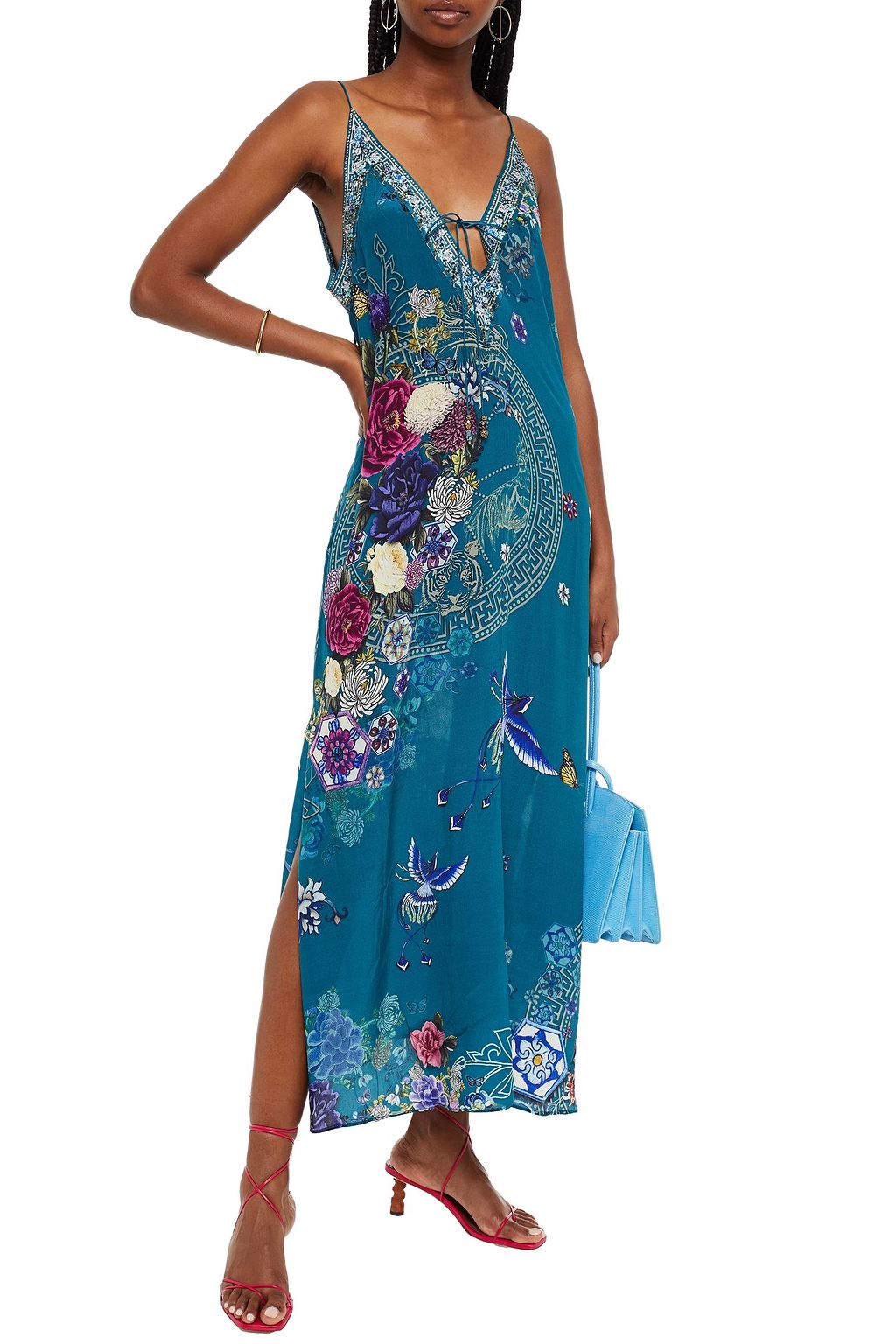 CAMILLA Crystal-embellished printed silk crepe de chine midi slip dress
