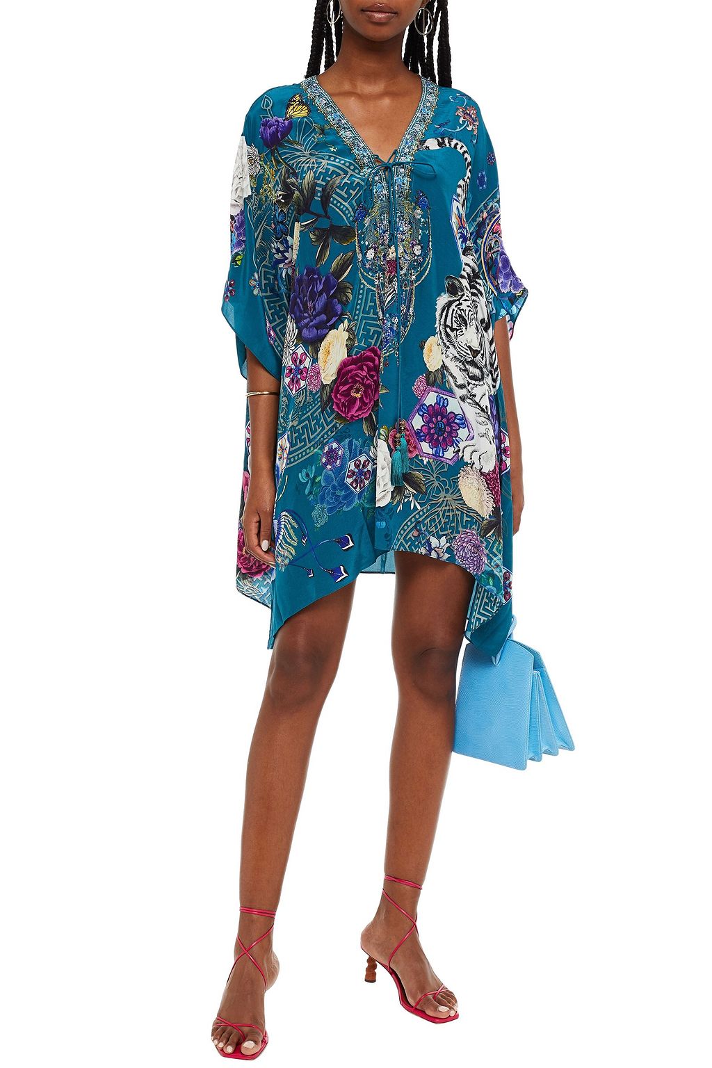 CAMILLA Lace-up crystal-embellished printed silk crepe de chine kaftan