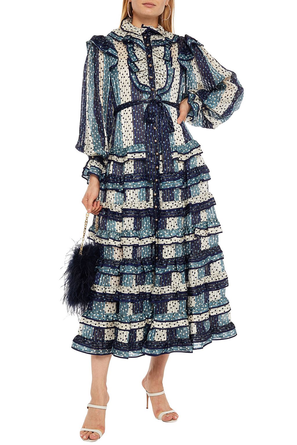 ZIMMERMANN Gestuftes Midikleid aus Jacquard aus einer Seidenmischung mit Polka-Dots in Metallic-Optik