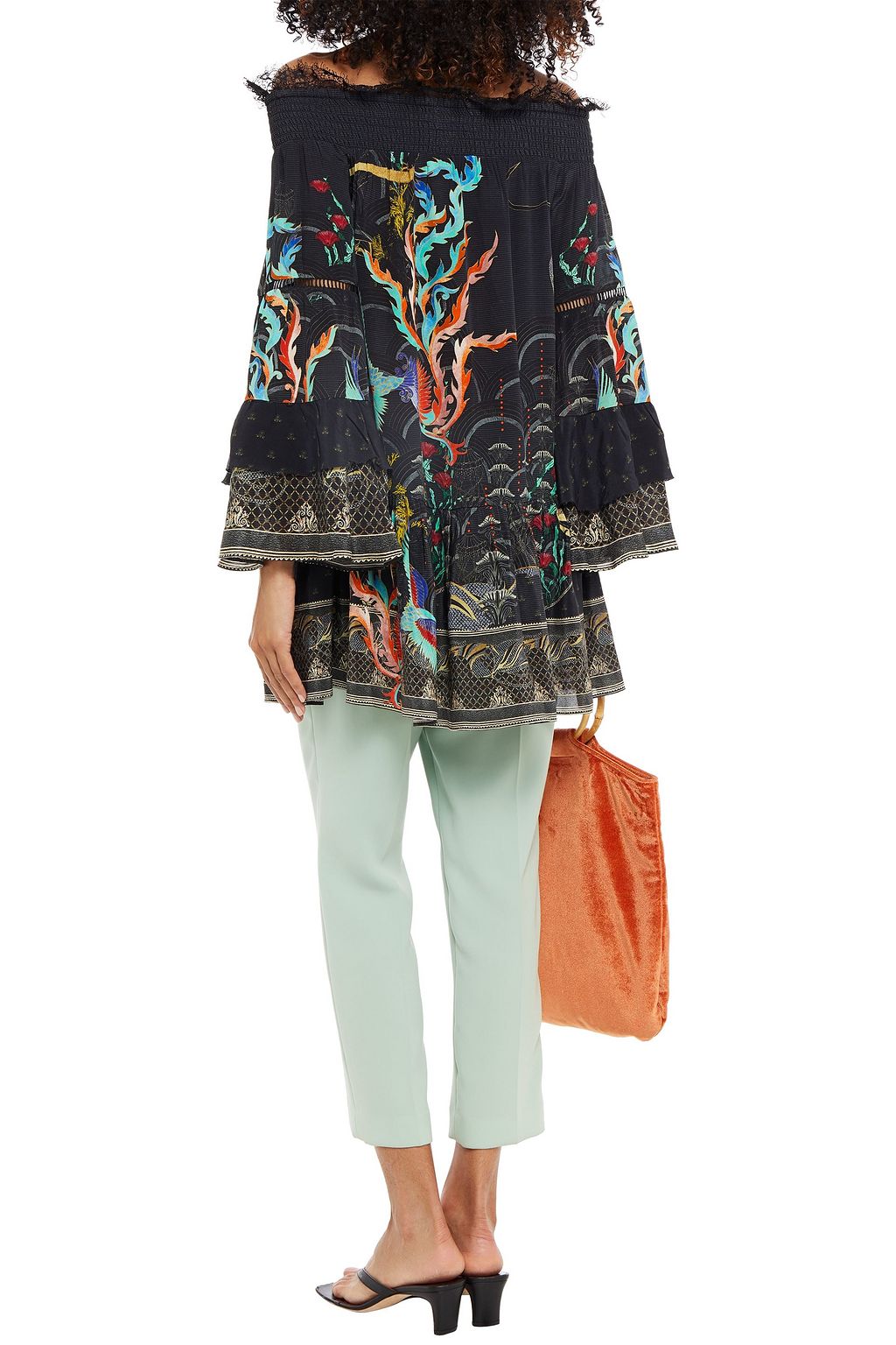 CAMILLA Off-the-shoulder lace-trimmed printed silk crepe de chine top