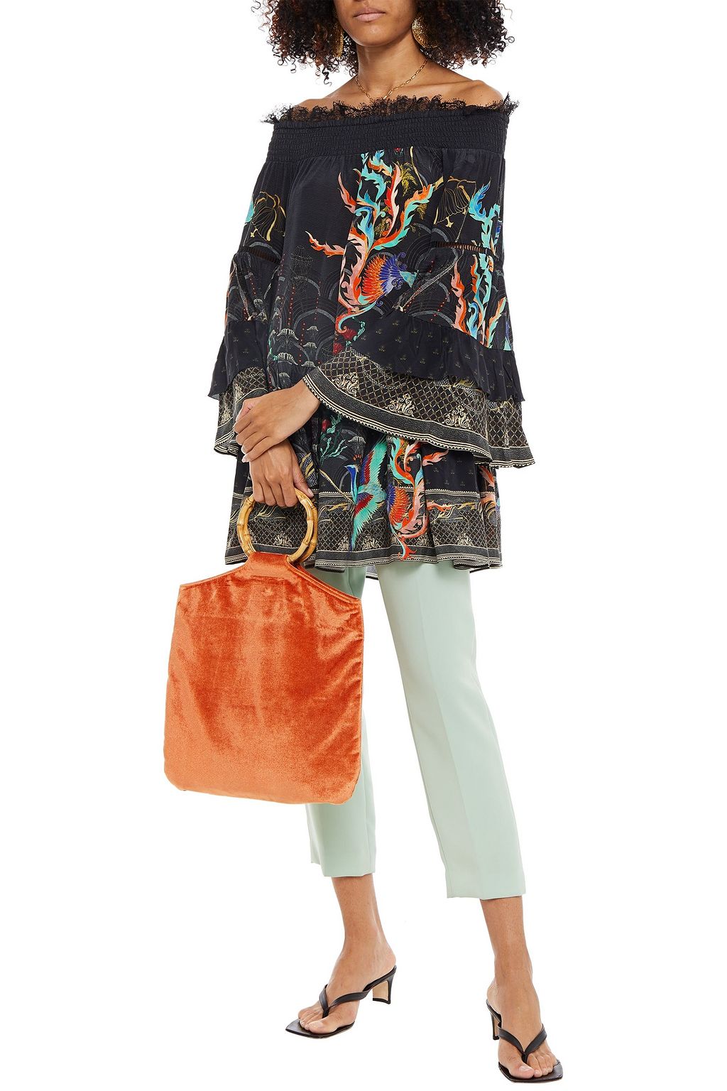 CAMILLA Off-the-shoulder lace-trimmed printed silk crepe de chine top