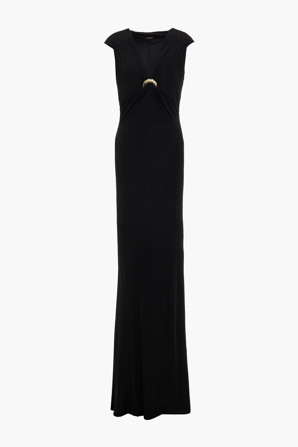 Appliquéd ruched stretch-jersey maxi dress