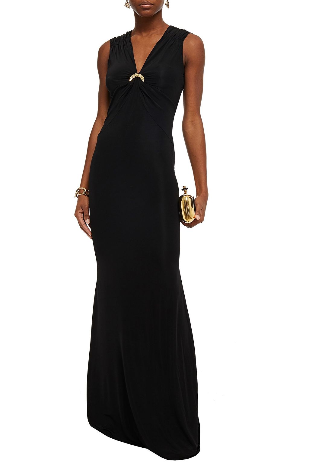ROBERTO CAVALLI Appliquéd ruched stretch-jersey maxi dress