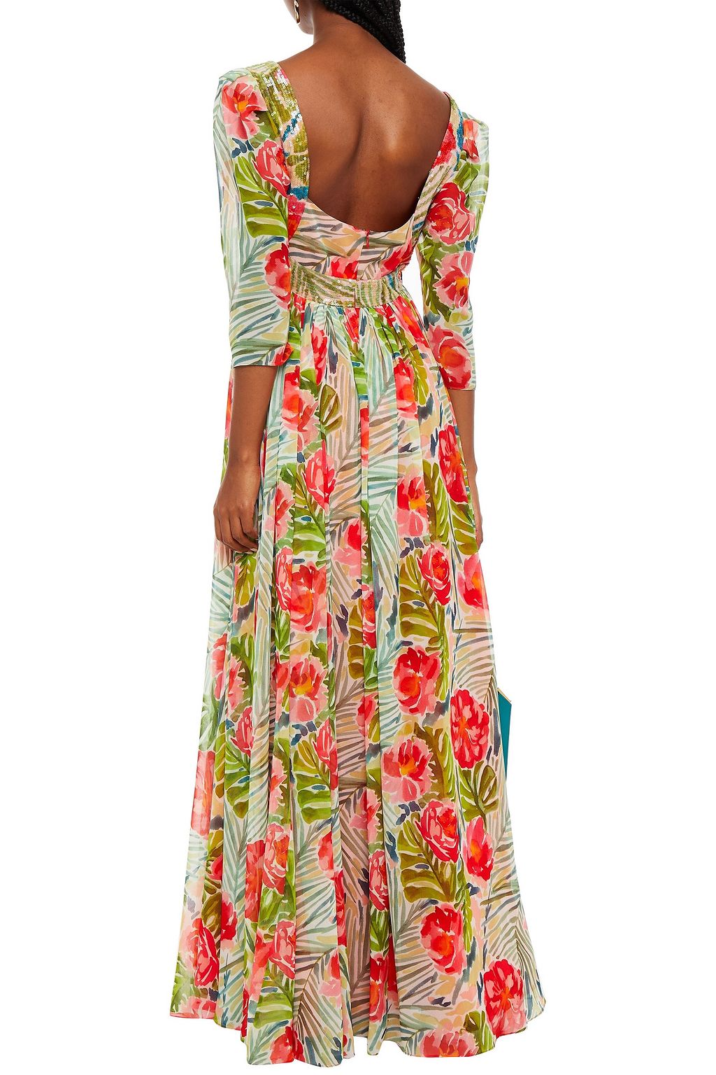 BADGLEY MISCHKA Sequin-embellished floral-print crepe de chine maxi dress